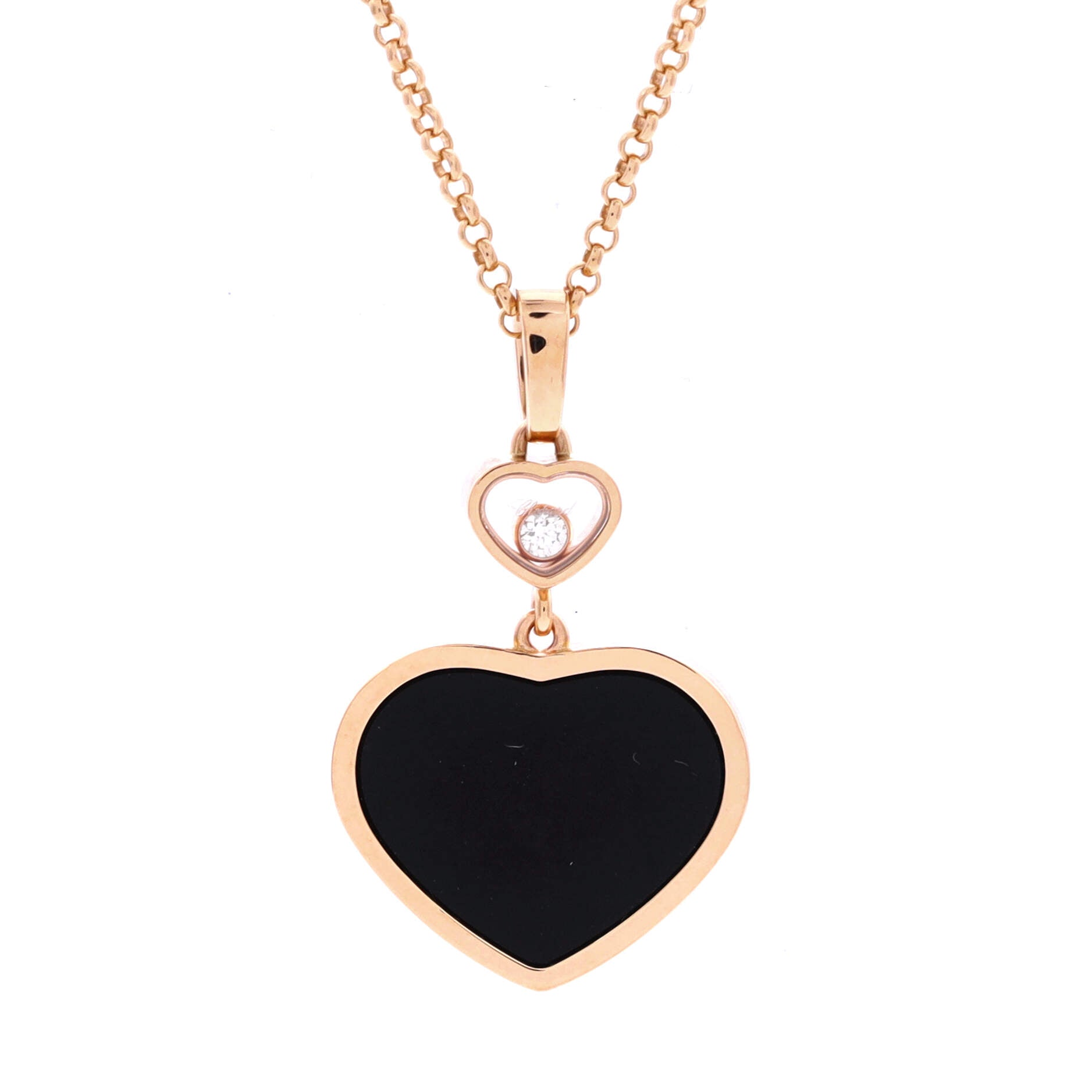 Happy Hearts Pendant Necklace 18K Rose Gold with Onyx and 1 Floating Diamond