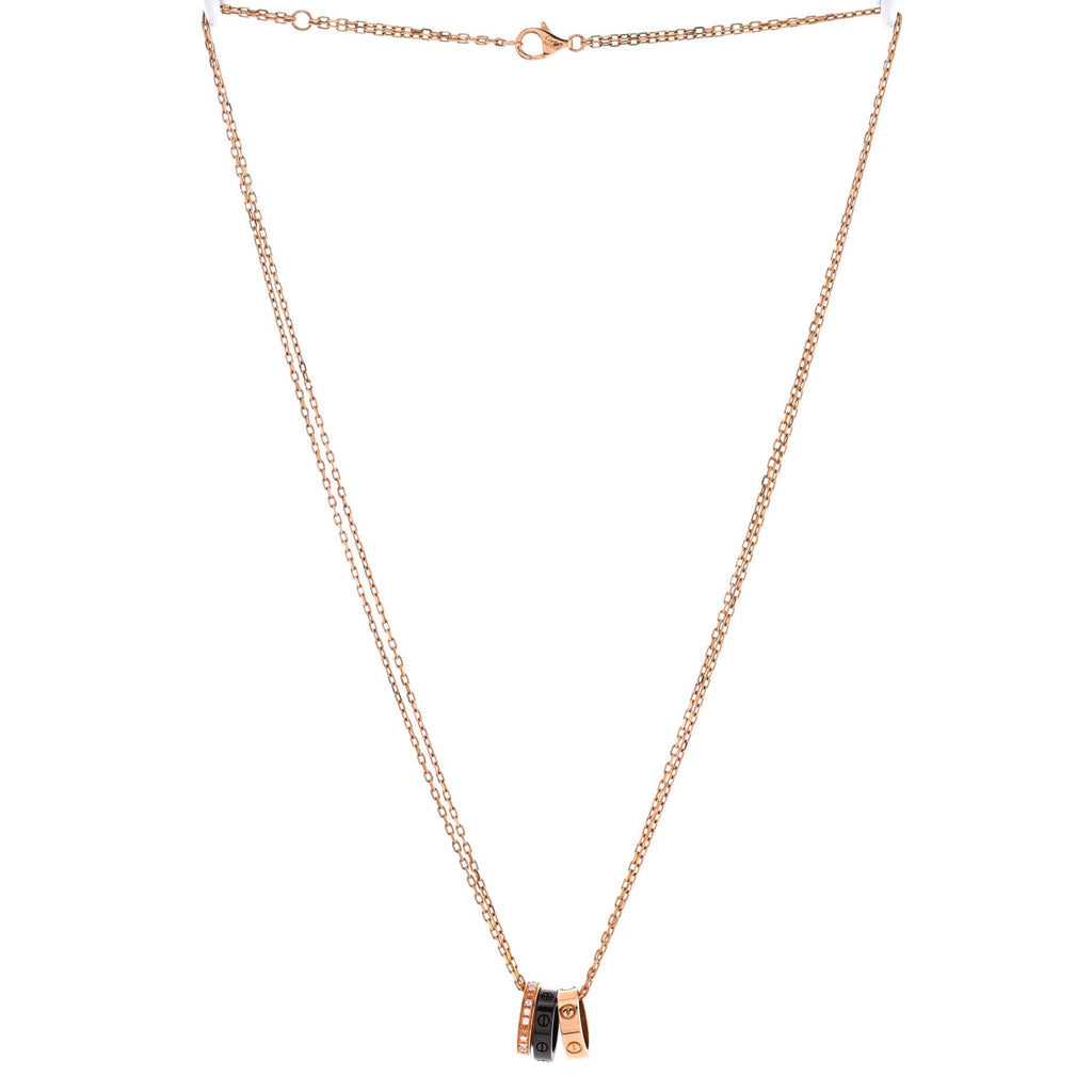Love 3 Ring Pendant Necklace 18K Rose Gold and Ceramic with Diamonds