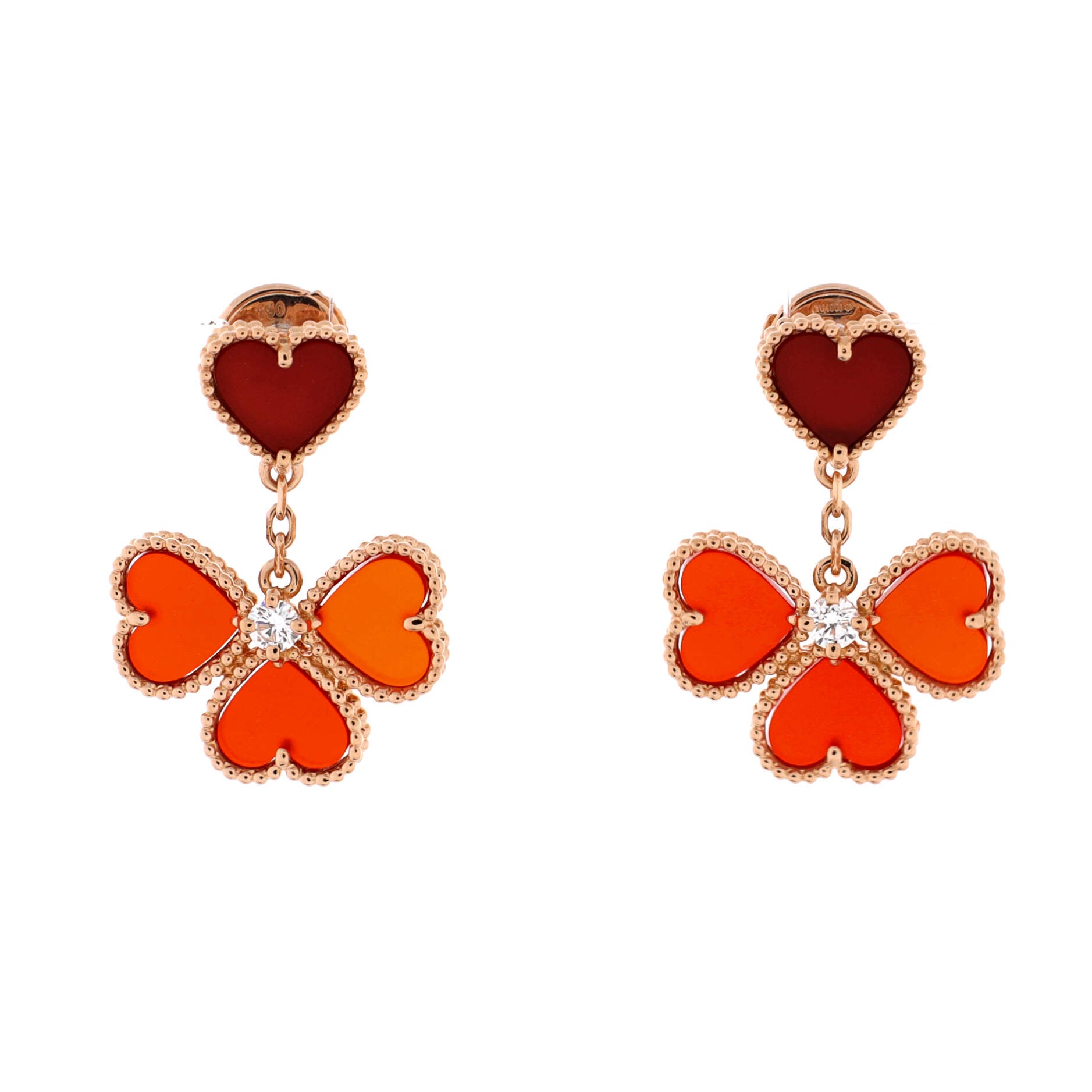 Sweet Alhambra Effeuillage Heart Earrings 18K Rose Gold with Carnelian and Diamonds