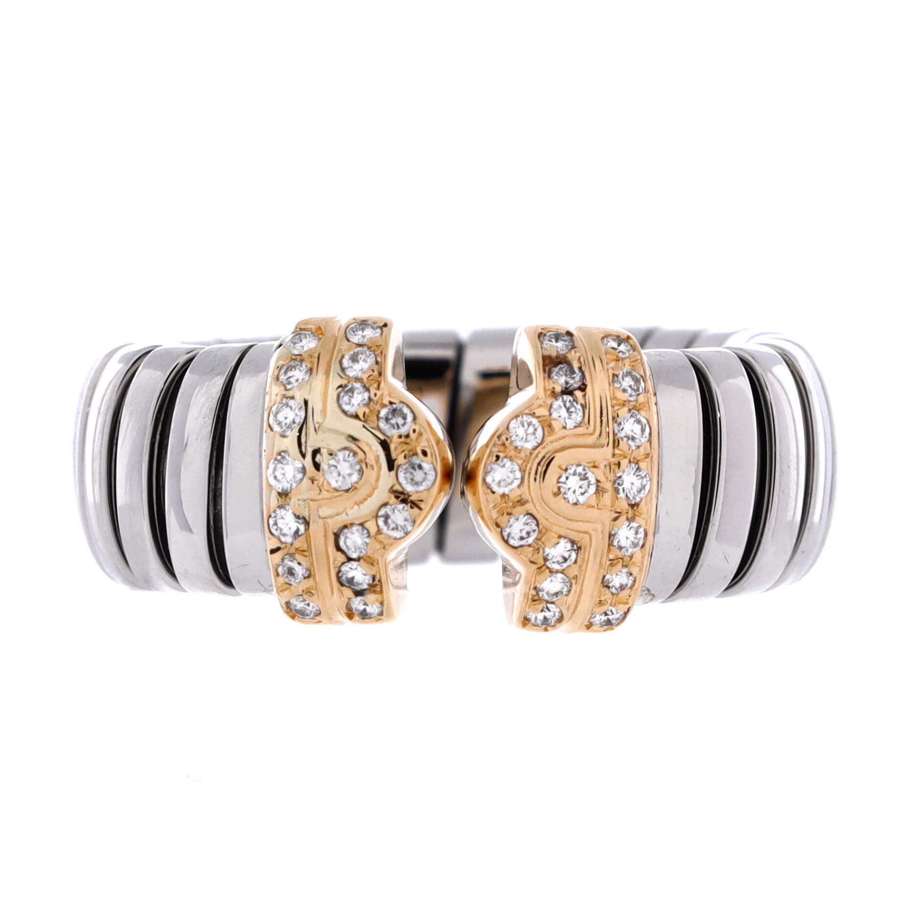 Tubogas Parentesi Ring Stainless Steel and 18K Yellow Gold with Diamond