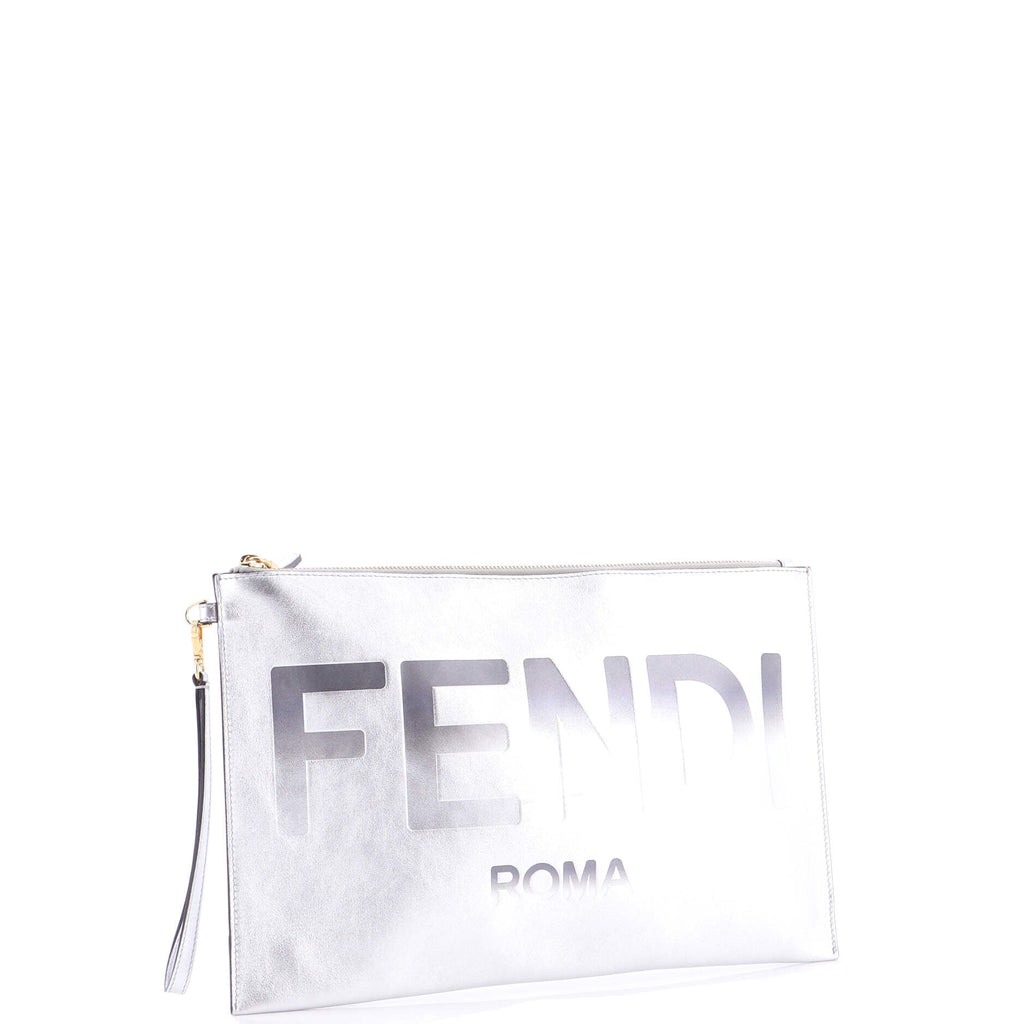 Logo Flat Wristlet Pouch Embossed Leather Large