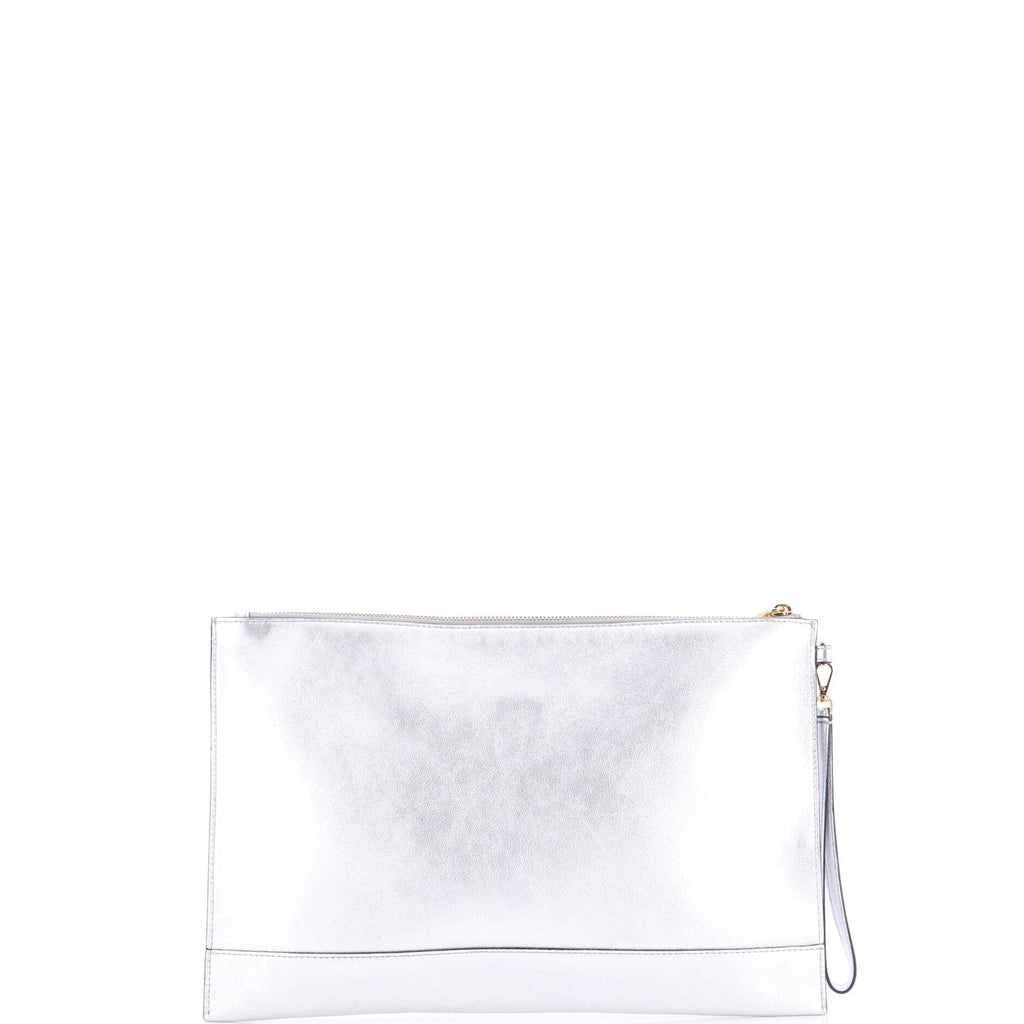 Logo Flat Wristlet Pouch Embossed Leather Large