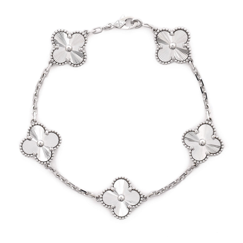Vintage Alhambra 5 Motifs Bracelet Guilloche 18K White Gold