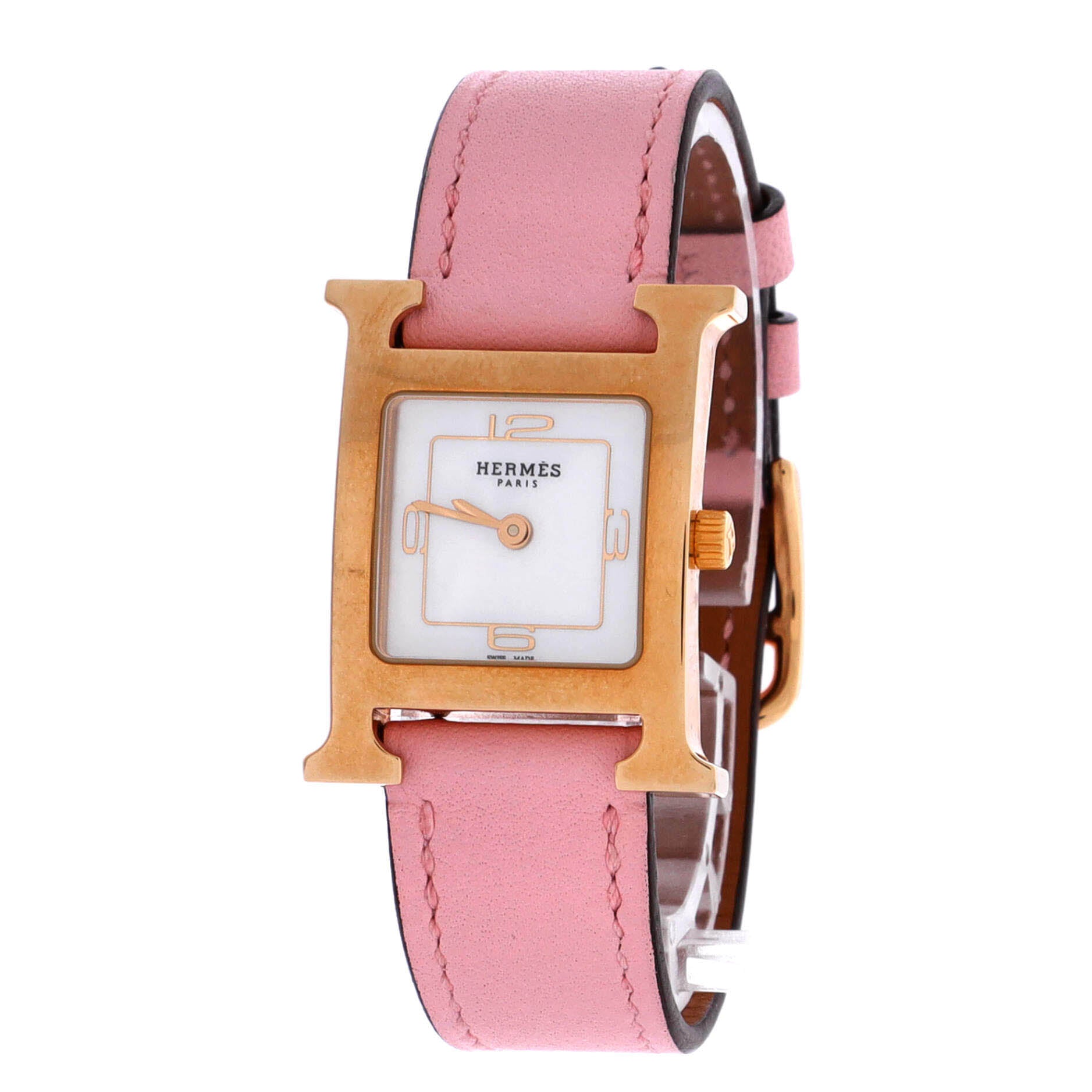 Heure H Quartz Watch Plated Metal and Leather with Mother of Pearl 25