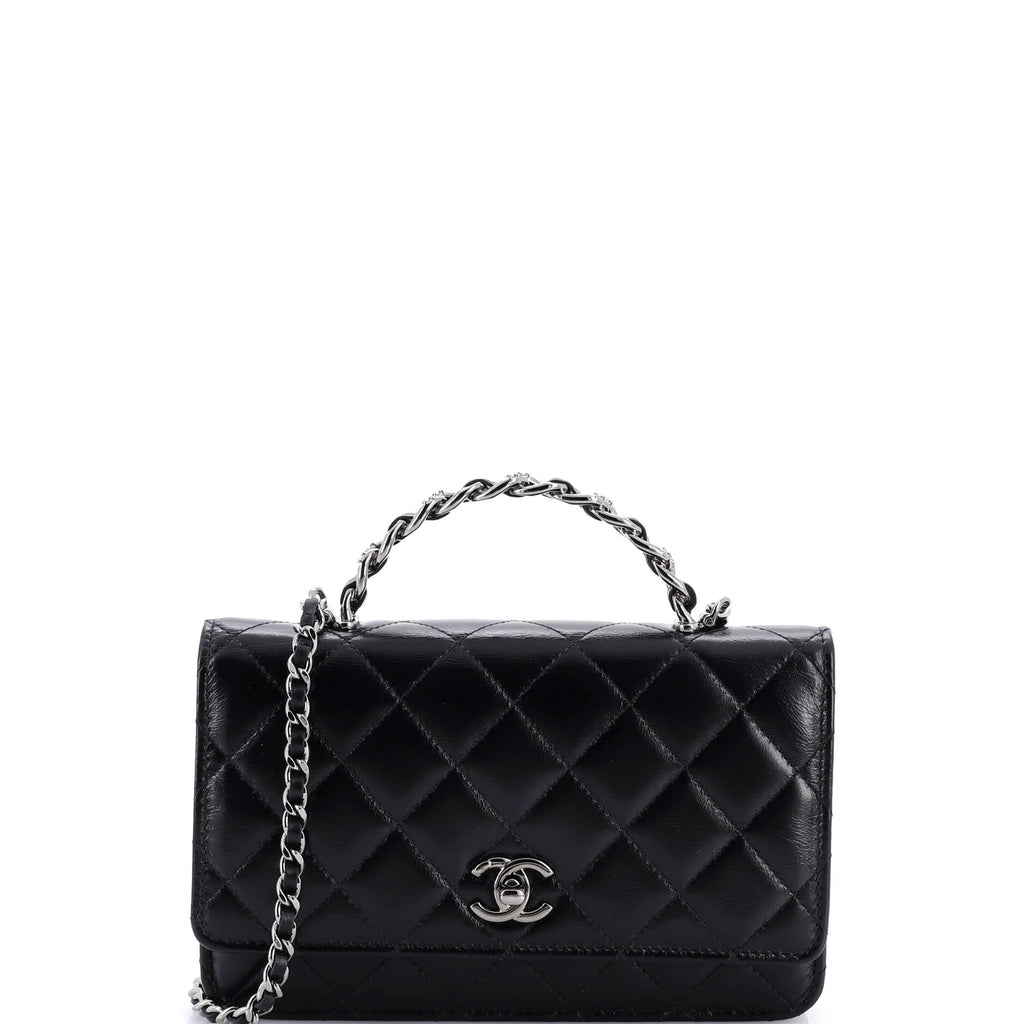 Top Handle Phone Holder with Chain Quilted Shiny Calfskin with Crystals