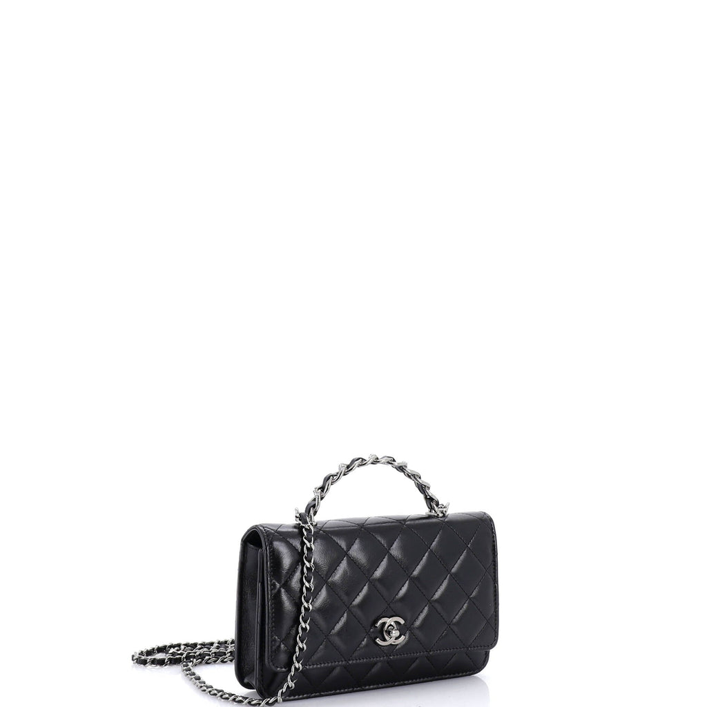 Top Handle Phone Holder with Chain Quilted Shiny Calfskin with Crystals