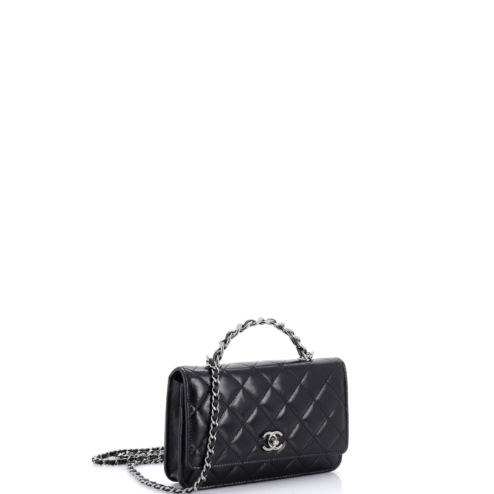 Top Handle Phone Holder with Chain Quilted Shiny Calfskin with Crystals