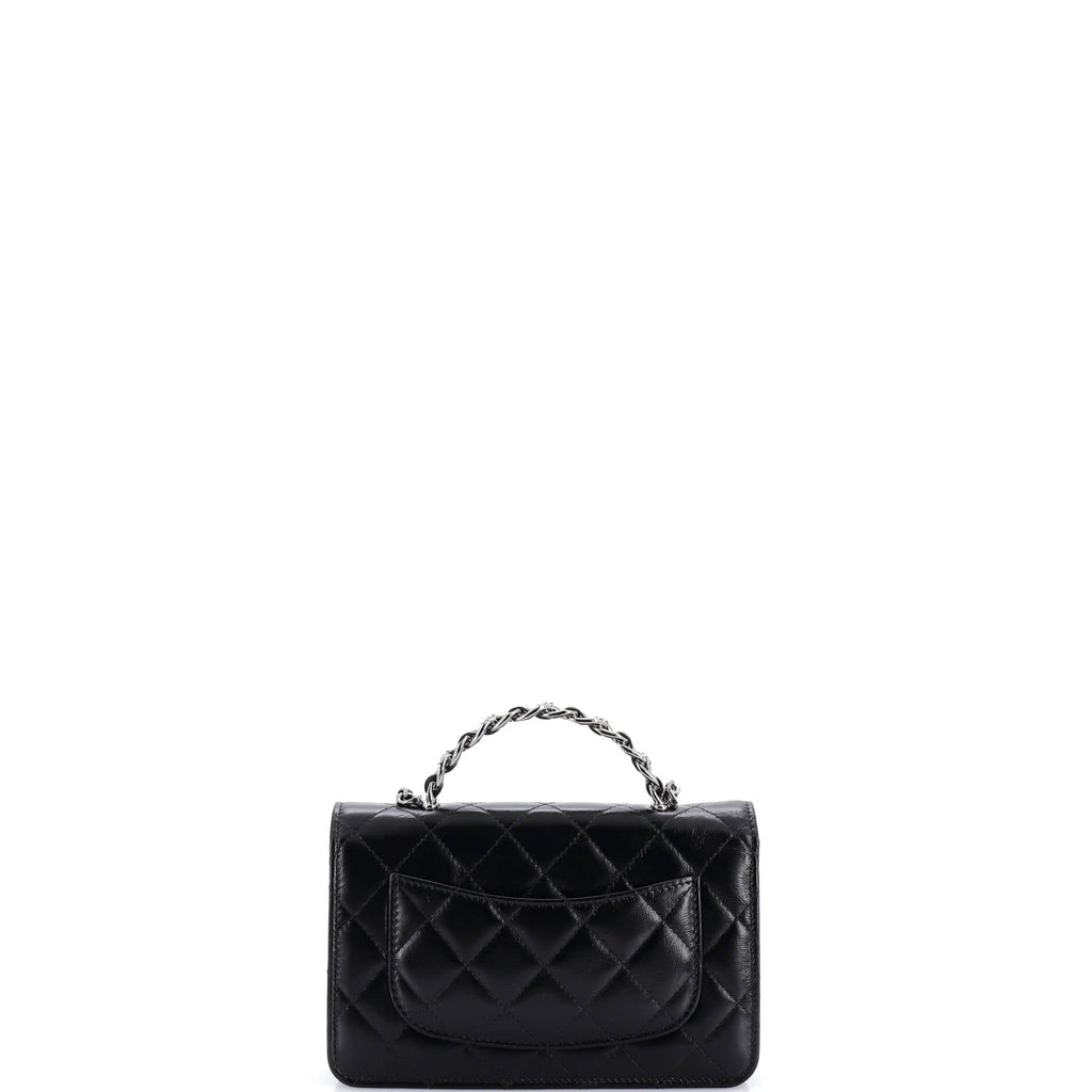 Top Handle Phone Holder with Chain Quilted Shiny Calfskin with Crystals