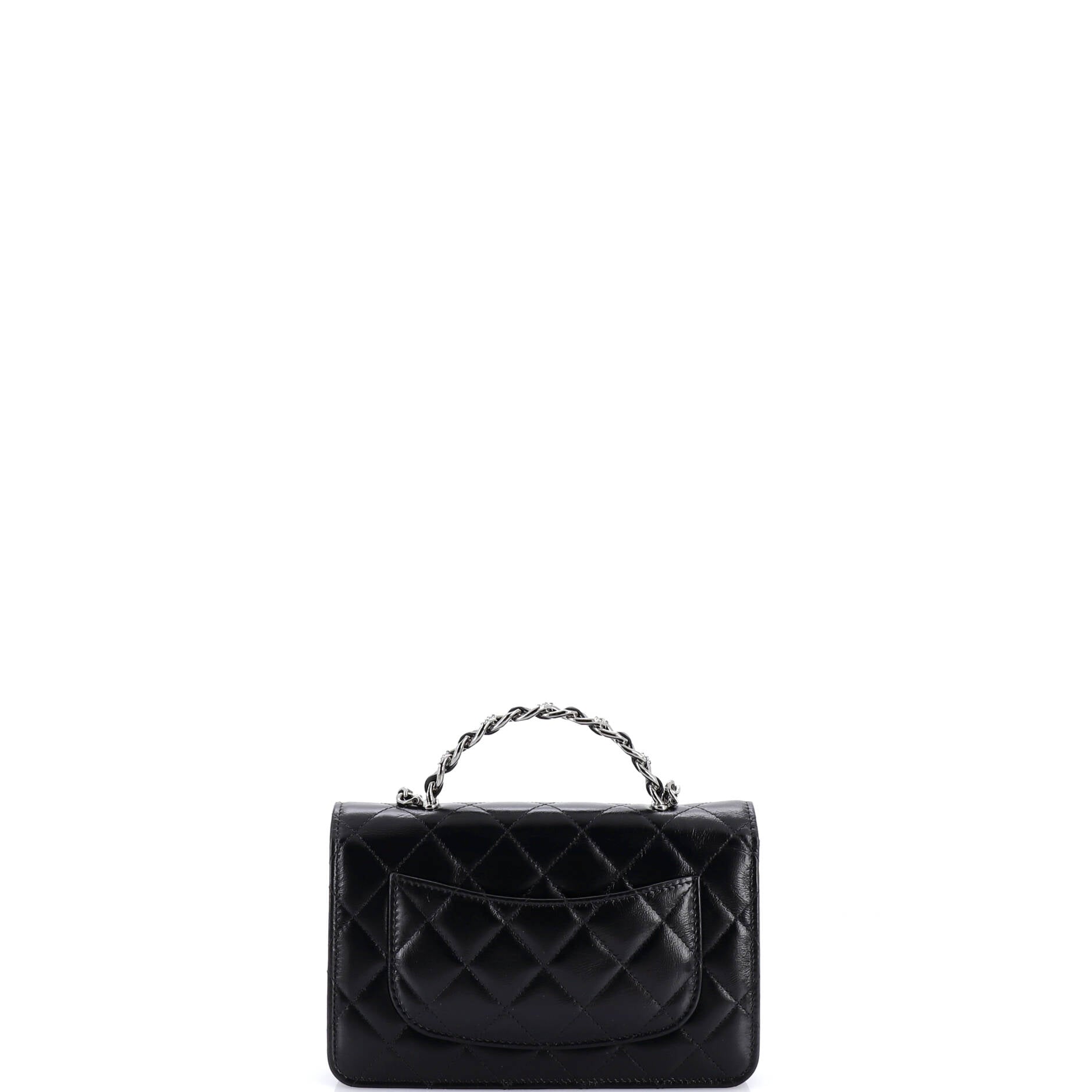 Top Handle Phone Holder with Chain Quilted Shiny Calfskin with Crystals