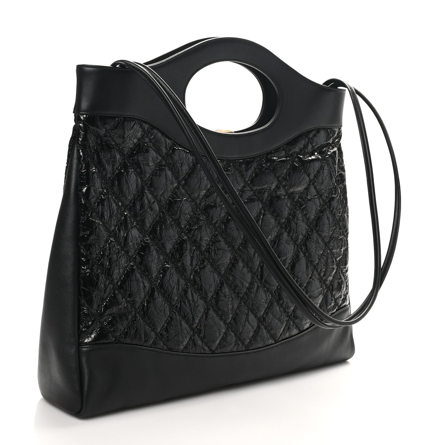 Crumpled Calfskin Quilted 31 Large Shopping Bag Black