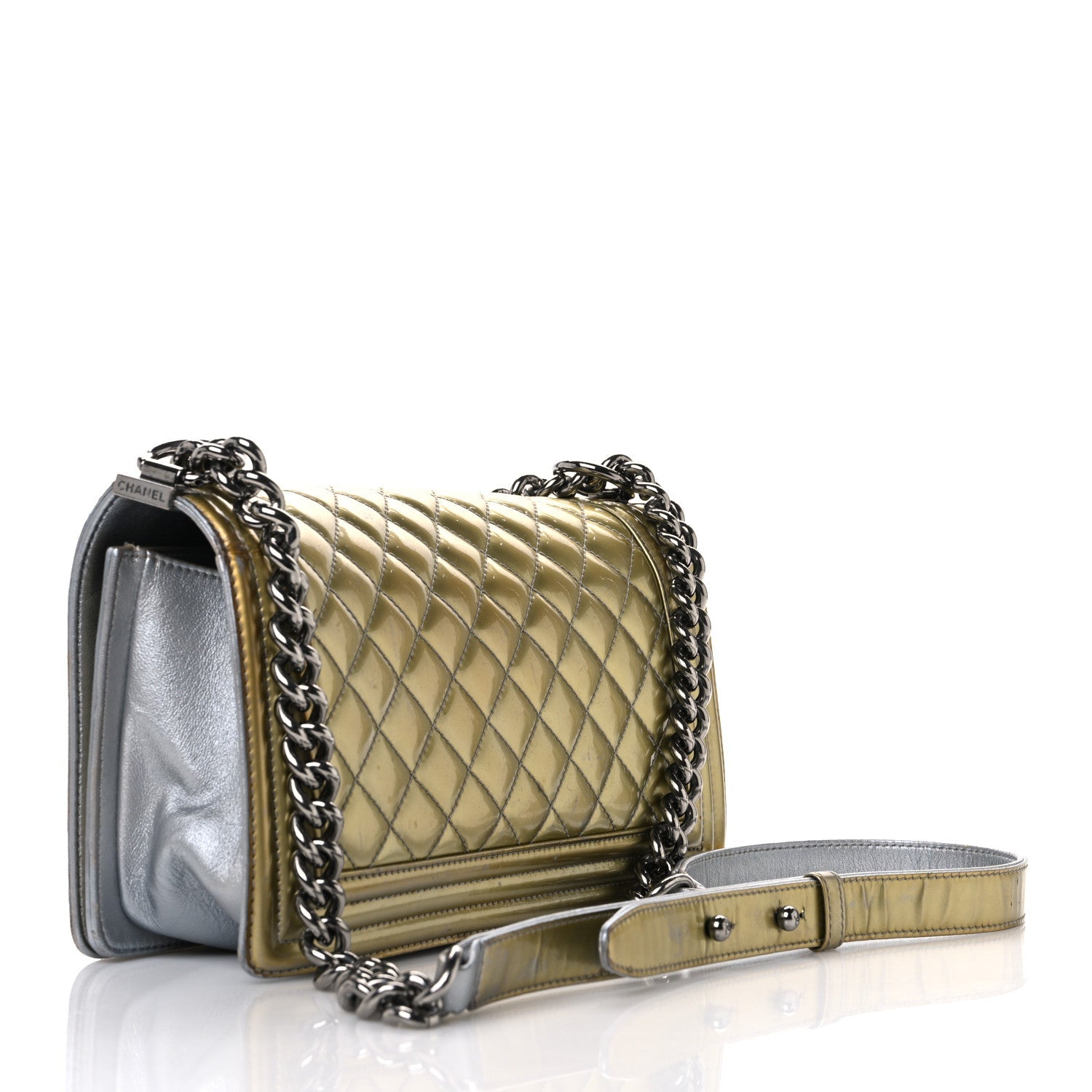 Metallic Patent Calfskin Quilted Medium Boy Flap Silver