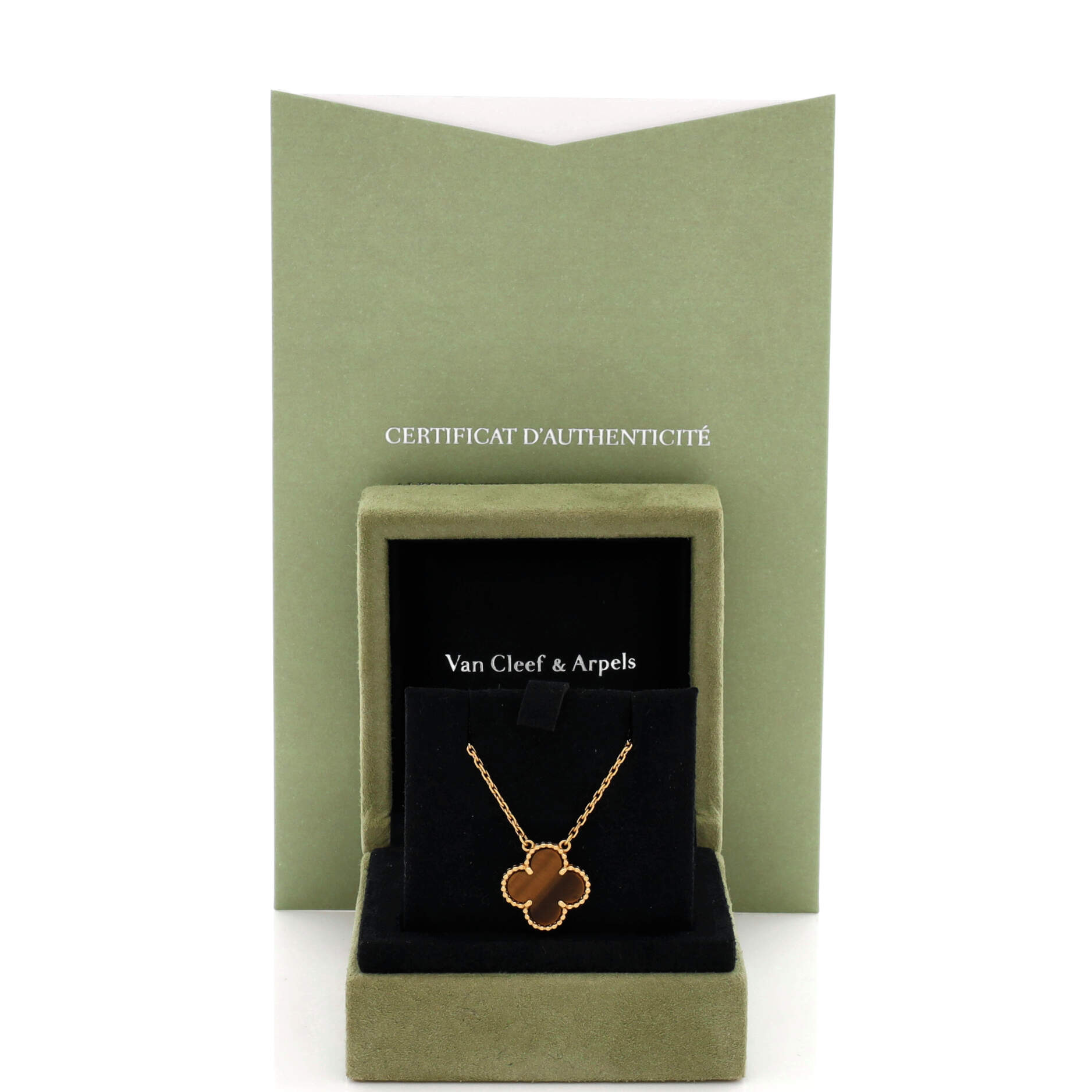 Vintage Alhambra Pendant Necklace 18K Yellow Gold and Tiger Eye