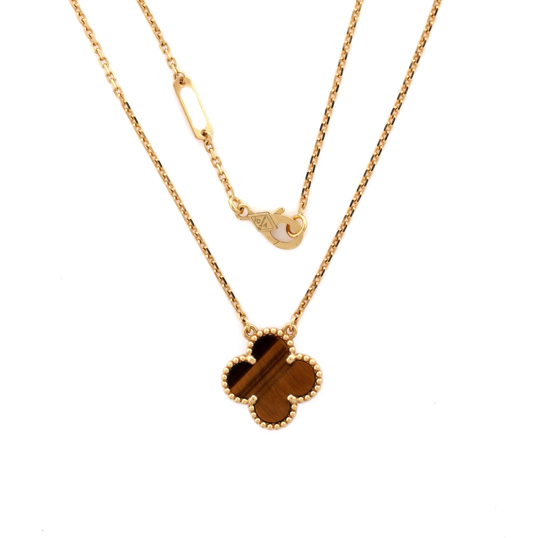 Vintage Alhambra Pendant Necklace 18K Yellow Gold and Tiger Eye
