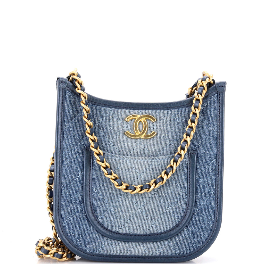 CC Front Pocket Chain Hobo Quilted Denim Small