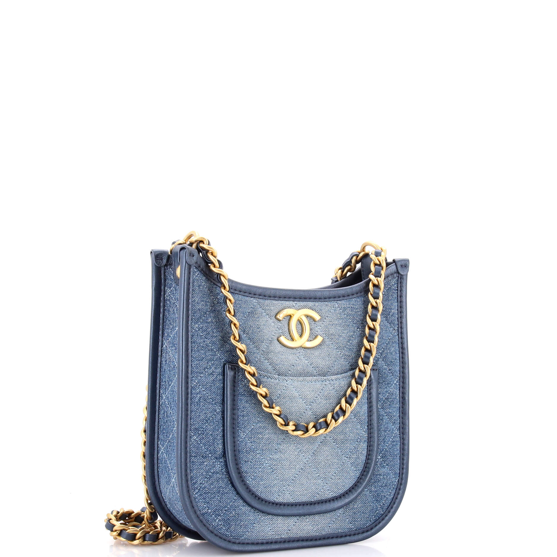 CC Front Pocket Chain Hobo Quilted Denim Small