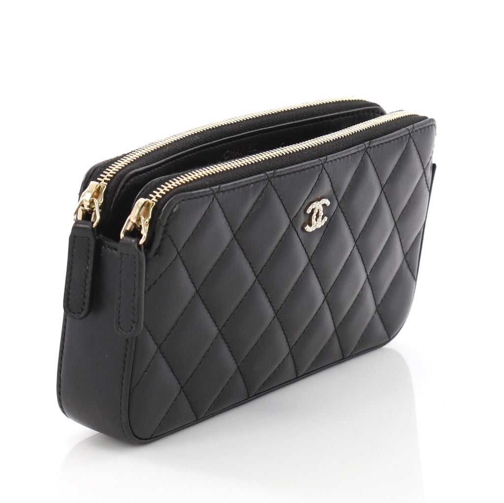 Double Zip Clutch with Pearl Chain Quilted Lambskin