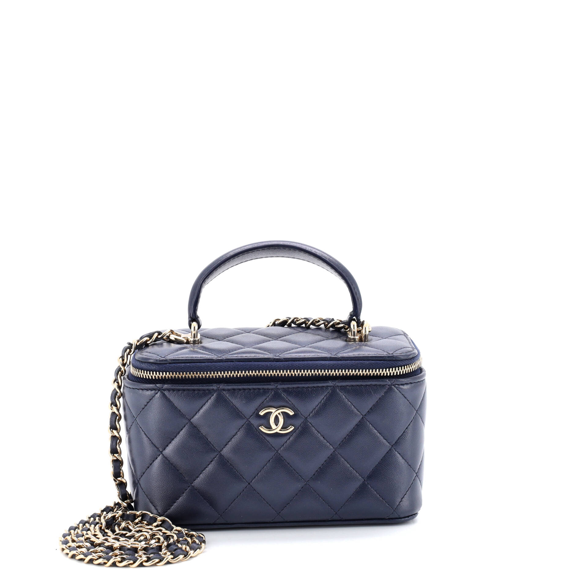Classic Top Handle Vanity Case with Chain Quilted Lambskin Small