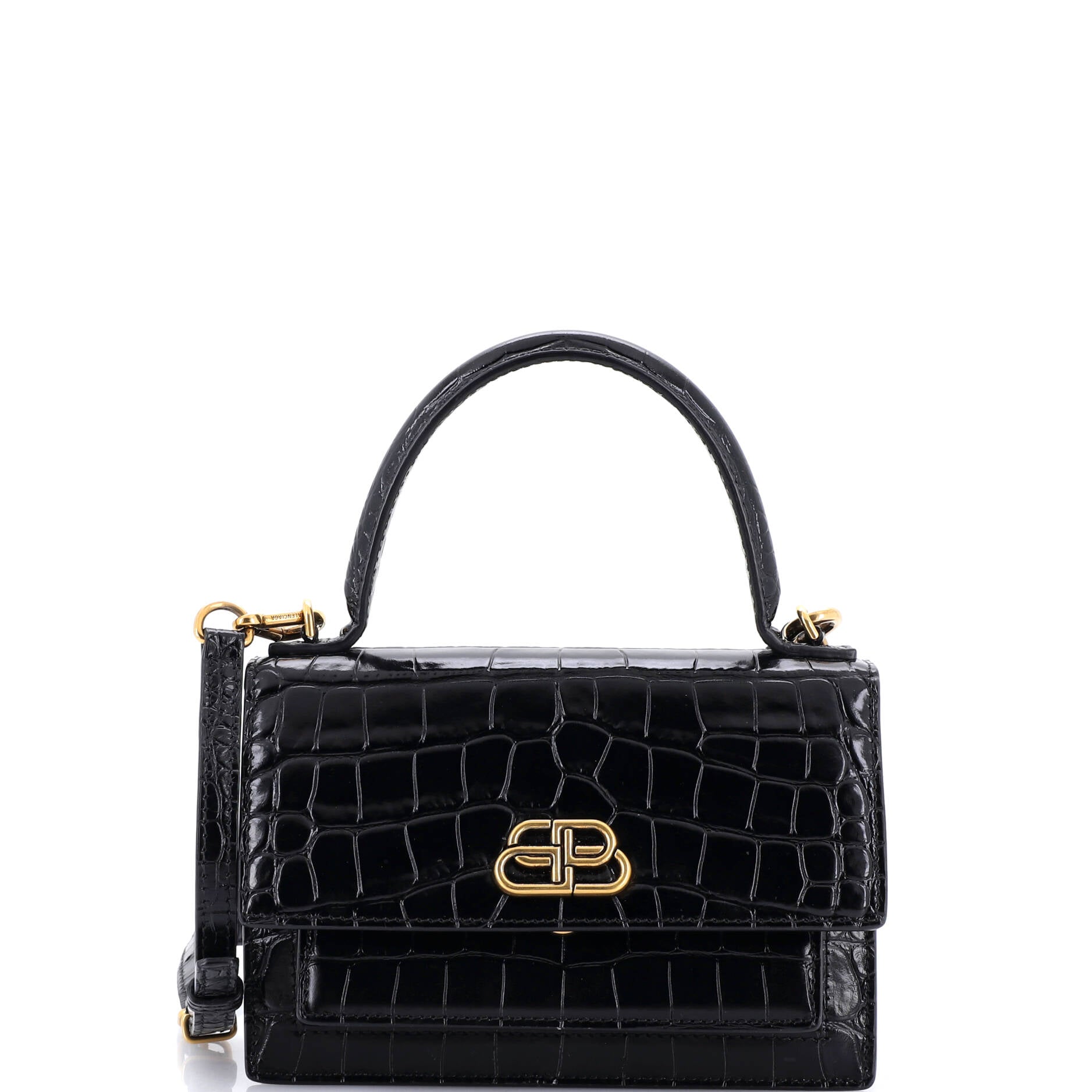 Sharp Top Handle Bag Crocodile Embossed Leather XS