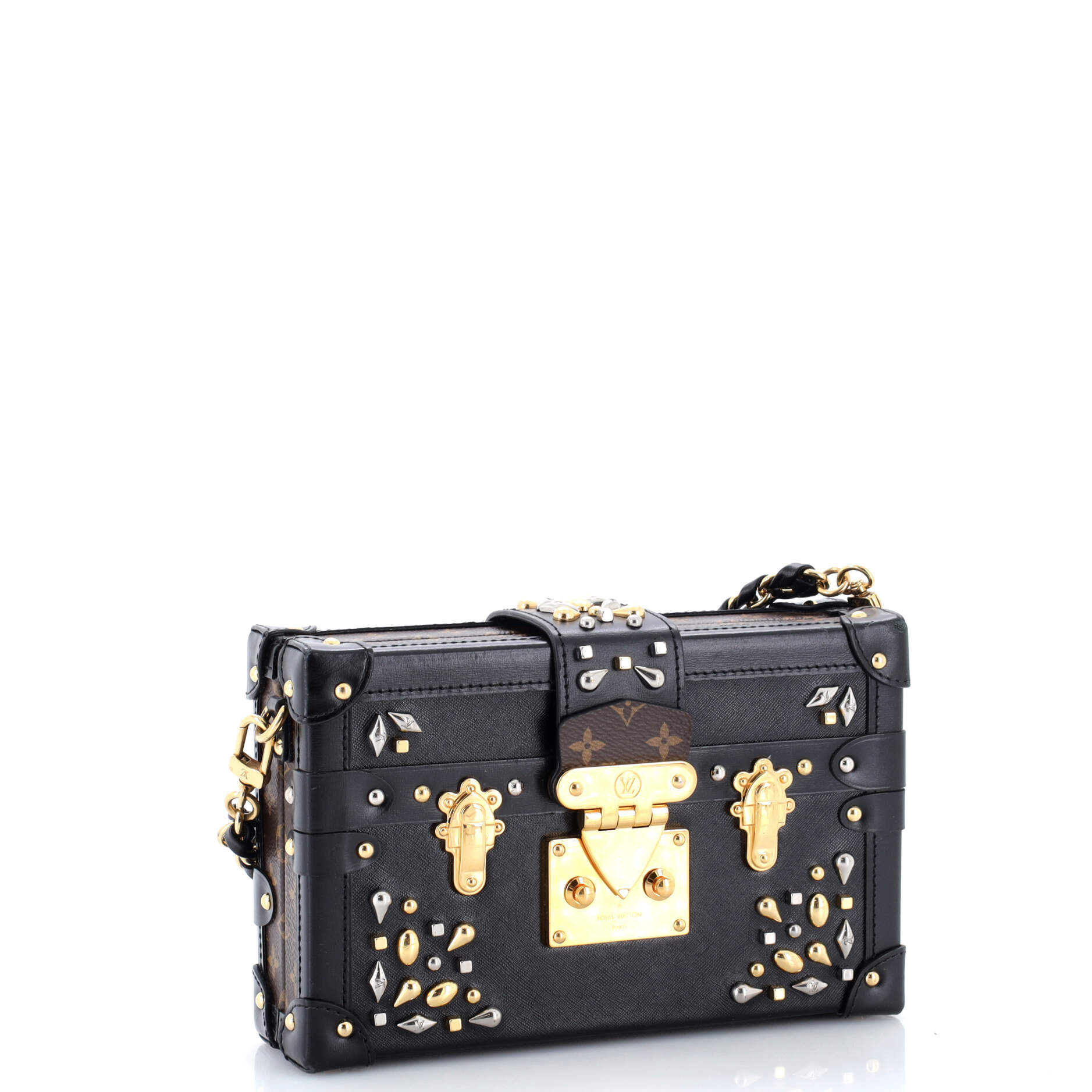 Petite Malle Handbag Studded Taiga Leather and Monogram Canvas