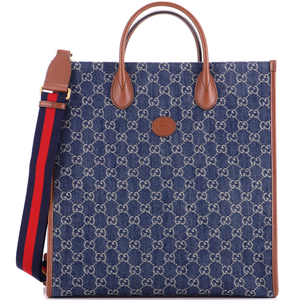 Interlocking G Patch Web Strap Convertible Tote GG Denim Tall