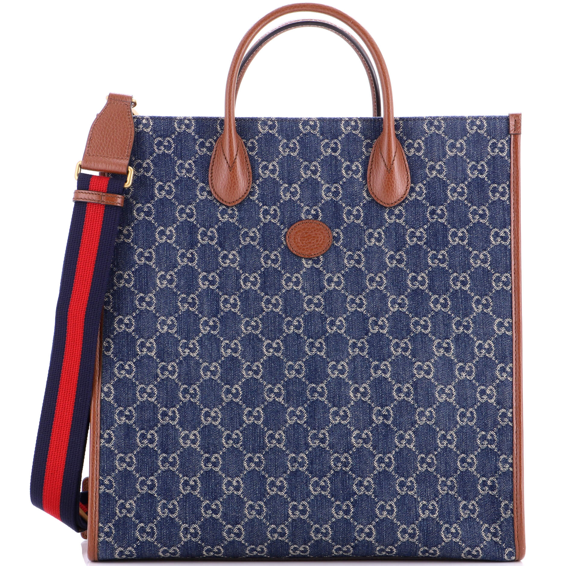 Interlocking G Patch Web Strap Convertible Tote GG Denim Tall