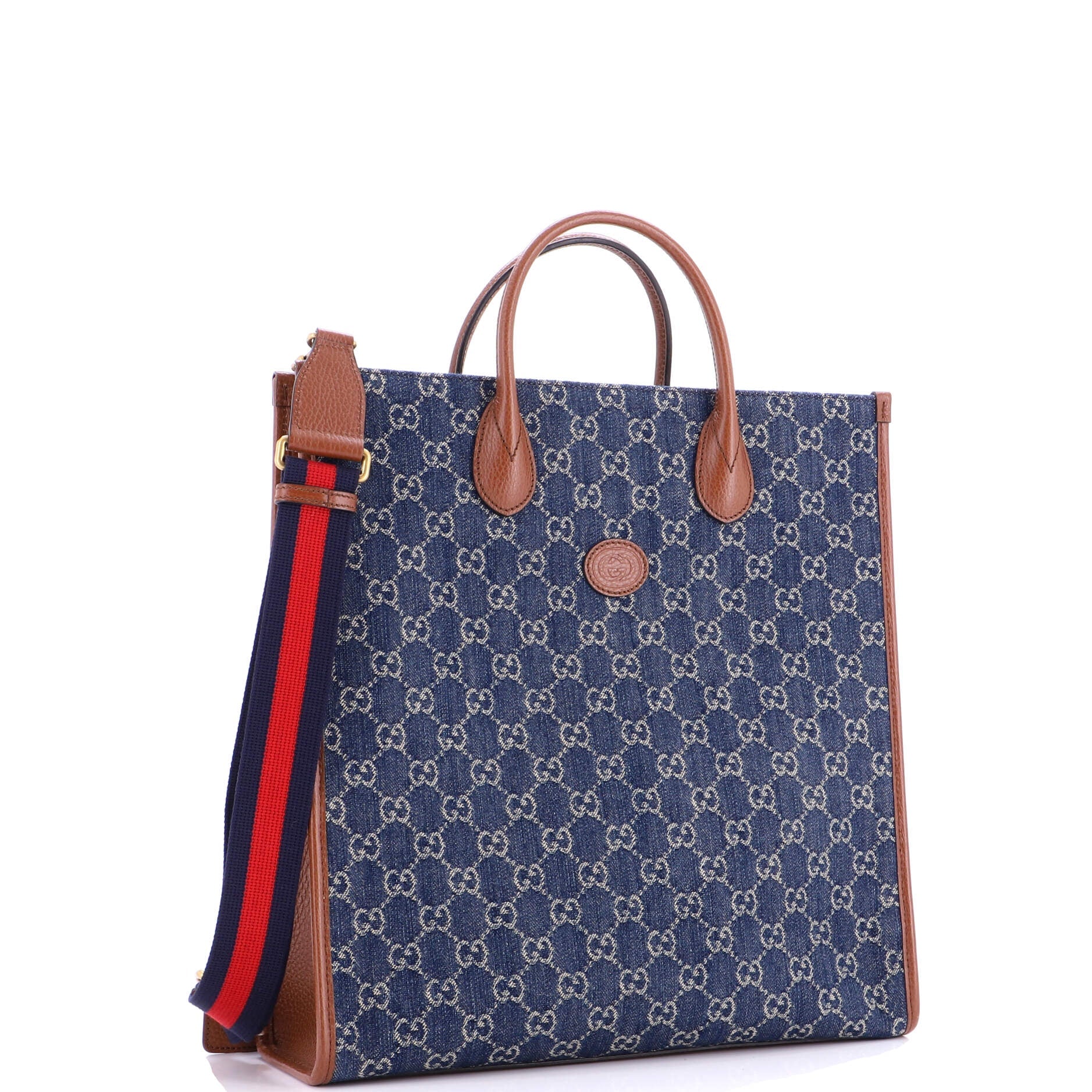 Interlocking G Patch Web Strap Convertible Tote GG Denim Tall