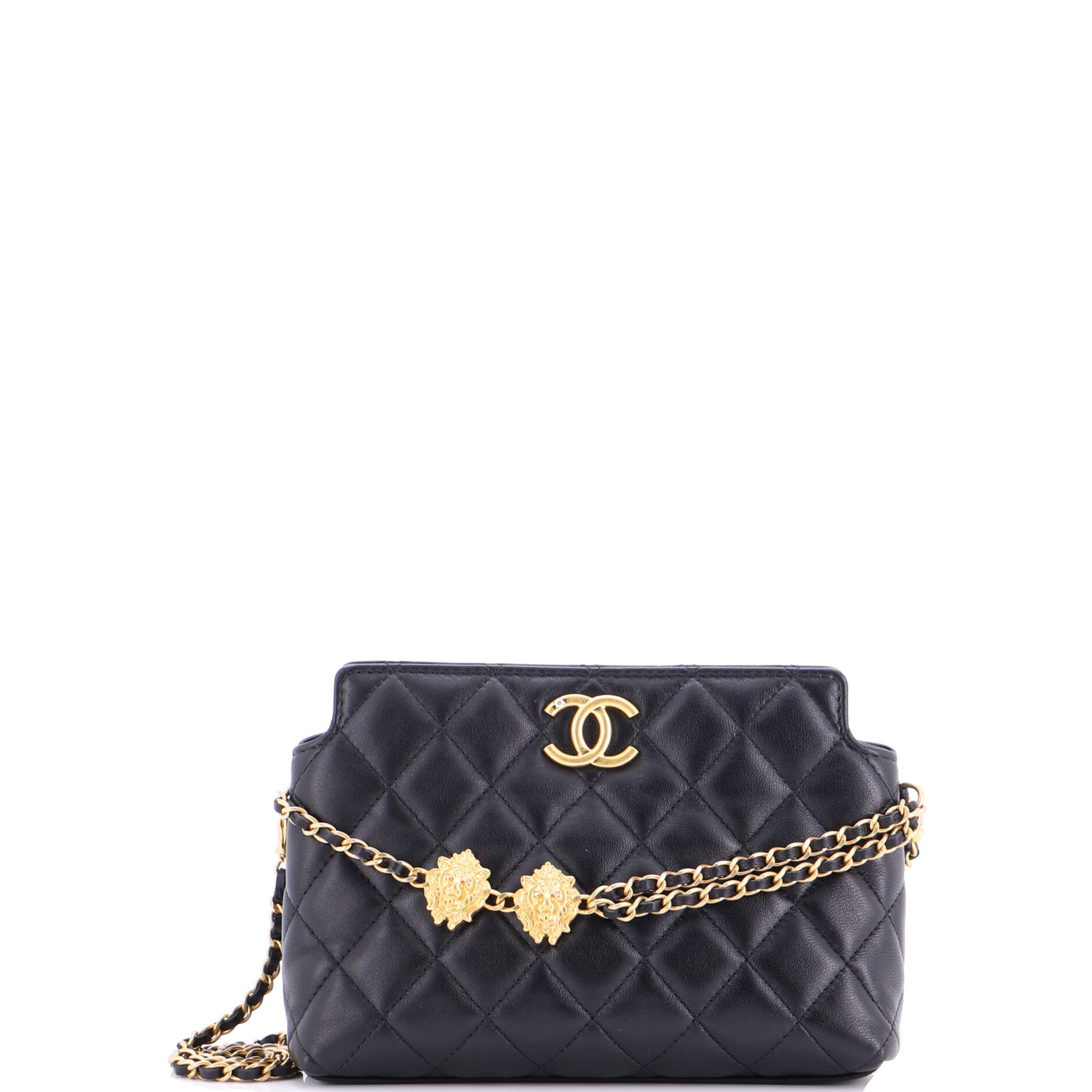 CC Leo Lion Hobo Clutch with Chain Quilted Leather Small