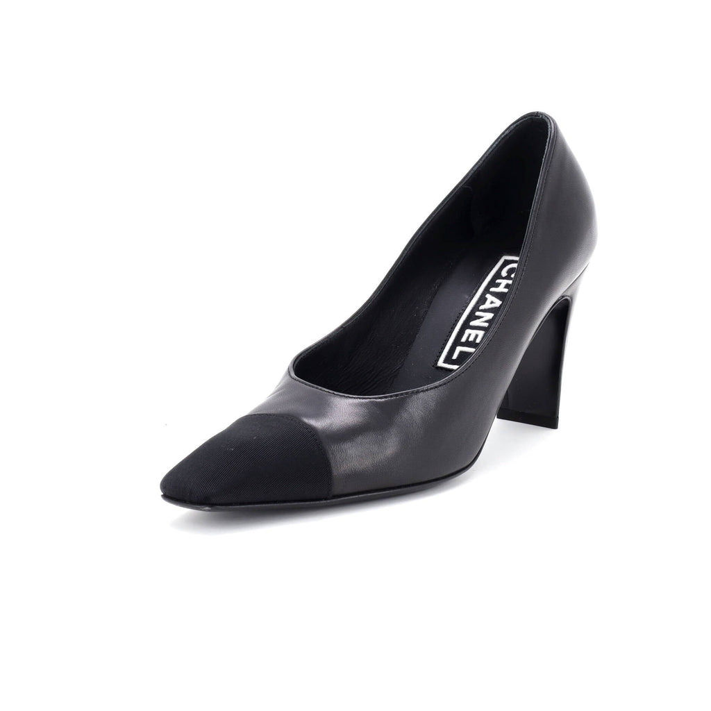 Women's Cap Toe CC Block Heel Pumps Leather with Grosgrain