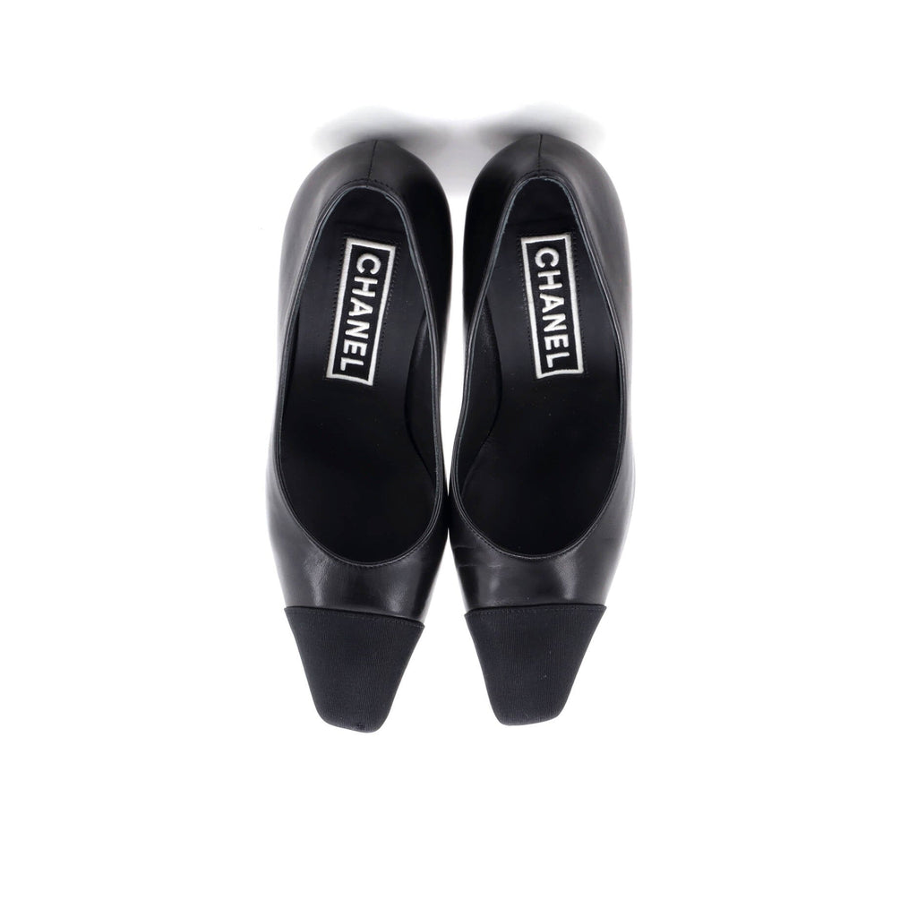 Women's Cap Toe CC Block Heel Pumps Leather with Grosgrain