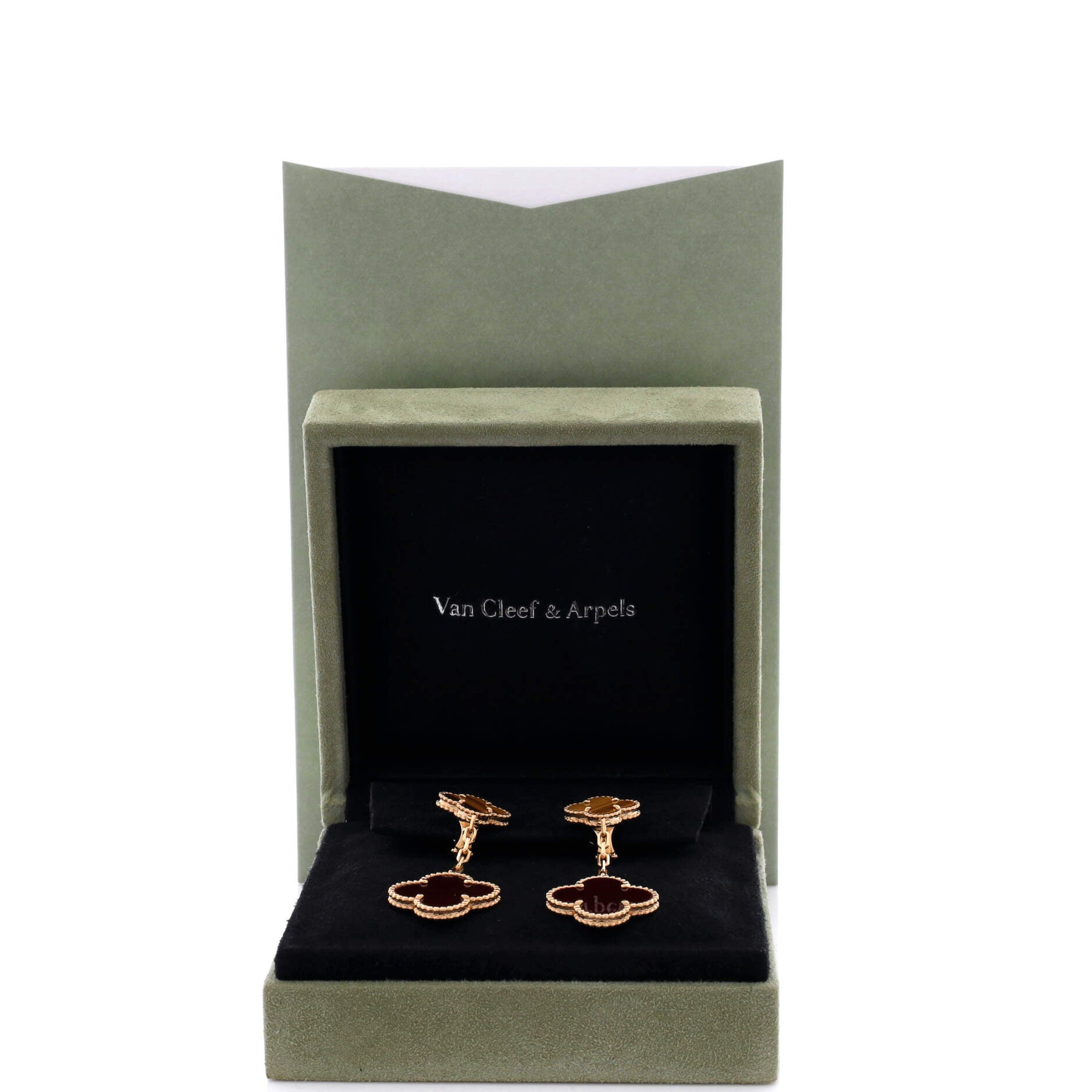 Magic Alhambra 2 Motifs Drop Earrings 18K Yellow Gold with Tiger's Eye and Carnelian