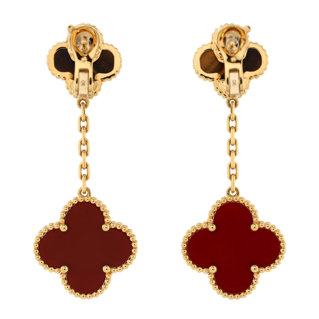 Magic Alhambra 2 Motifs Drop Earrings 18K Yellow Gold with Tiger's Eye and Carnelian