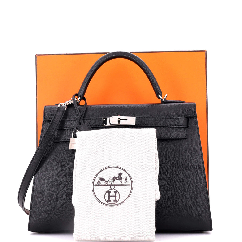 Kelly Handbag Noir Epsom with Palladium Hardware 32