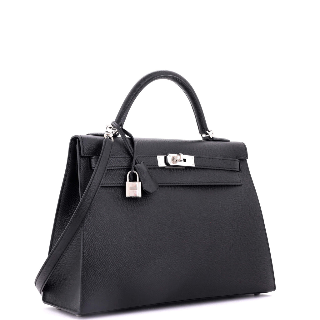 Kelly Handbag Noir Epsom with Palladium Hardware 32
