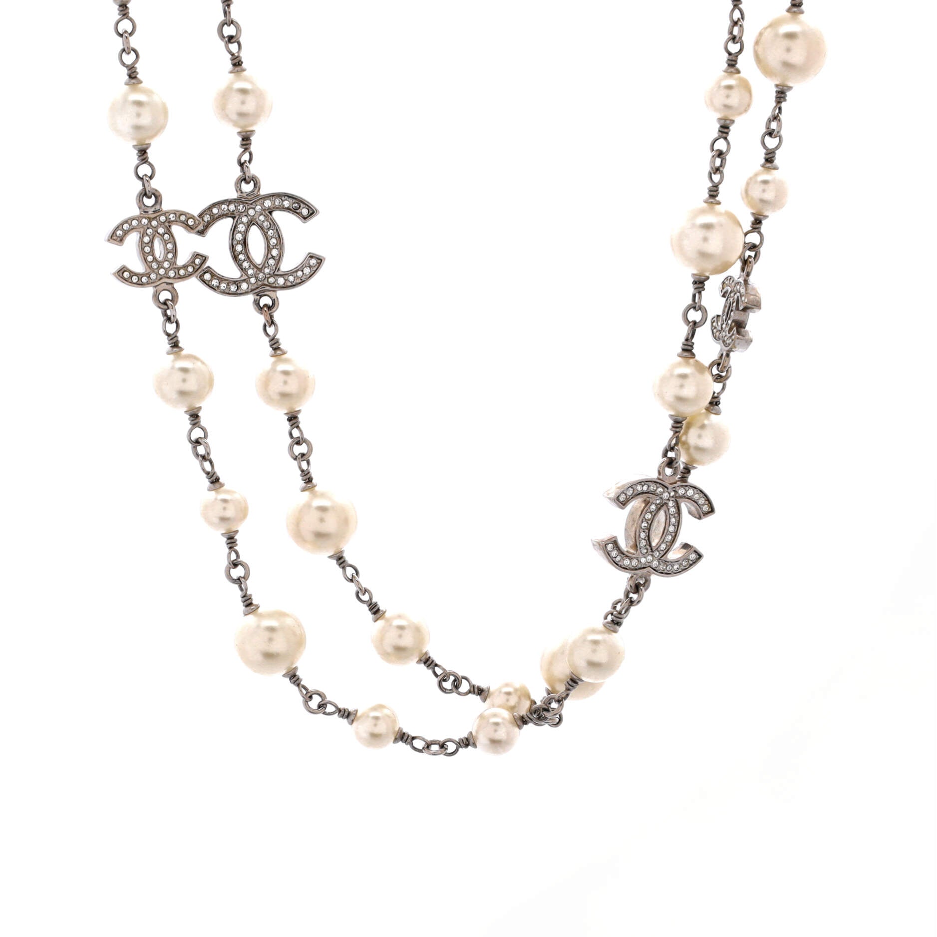 CC Long Necklace Faux Pearls and Crystal Embellished Metal