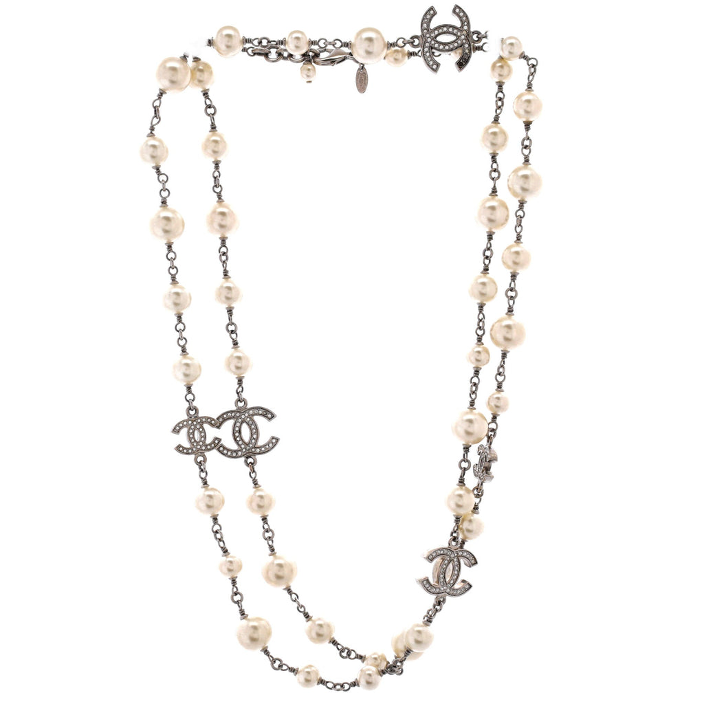 CC Long Necklace Faux Pearls and Crystal Embellished Metal