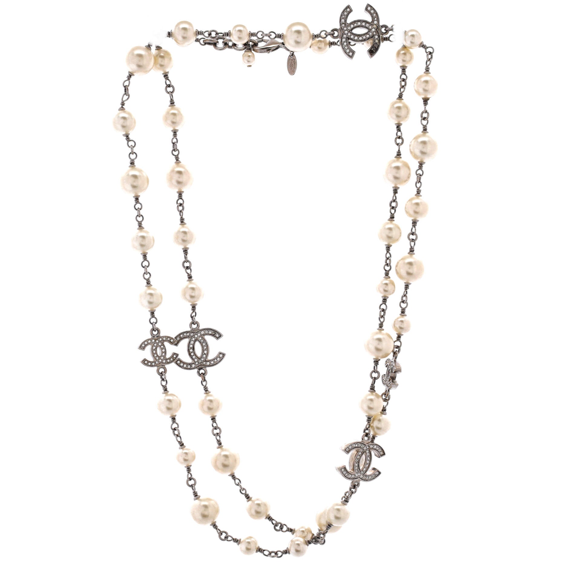 CC Long Necklace Faux Pearls and Crystal Embellished Metal