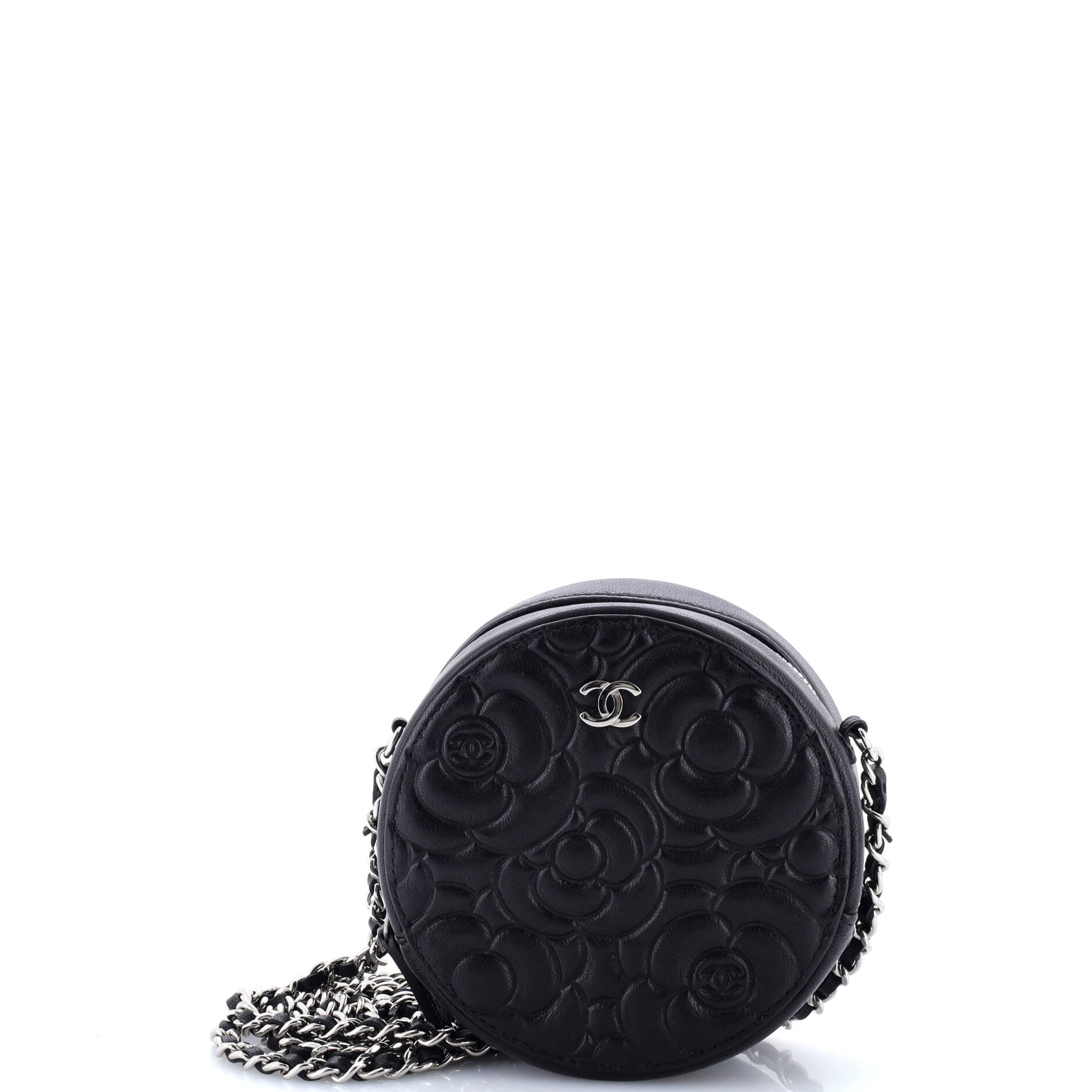 Round Clutch with Chain Camellia Goatskin Mini