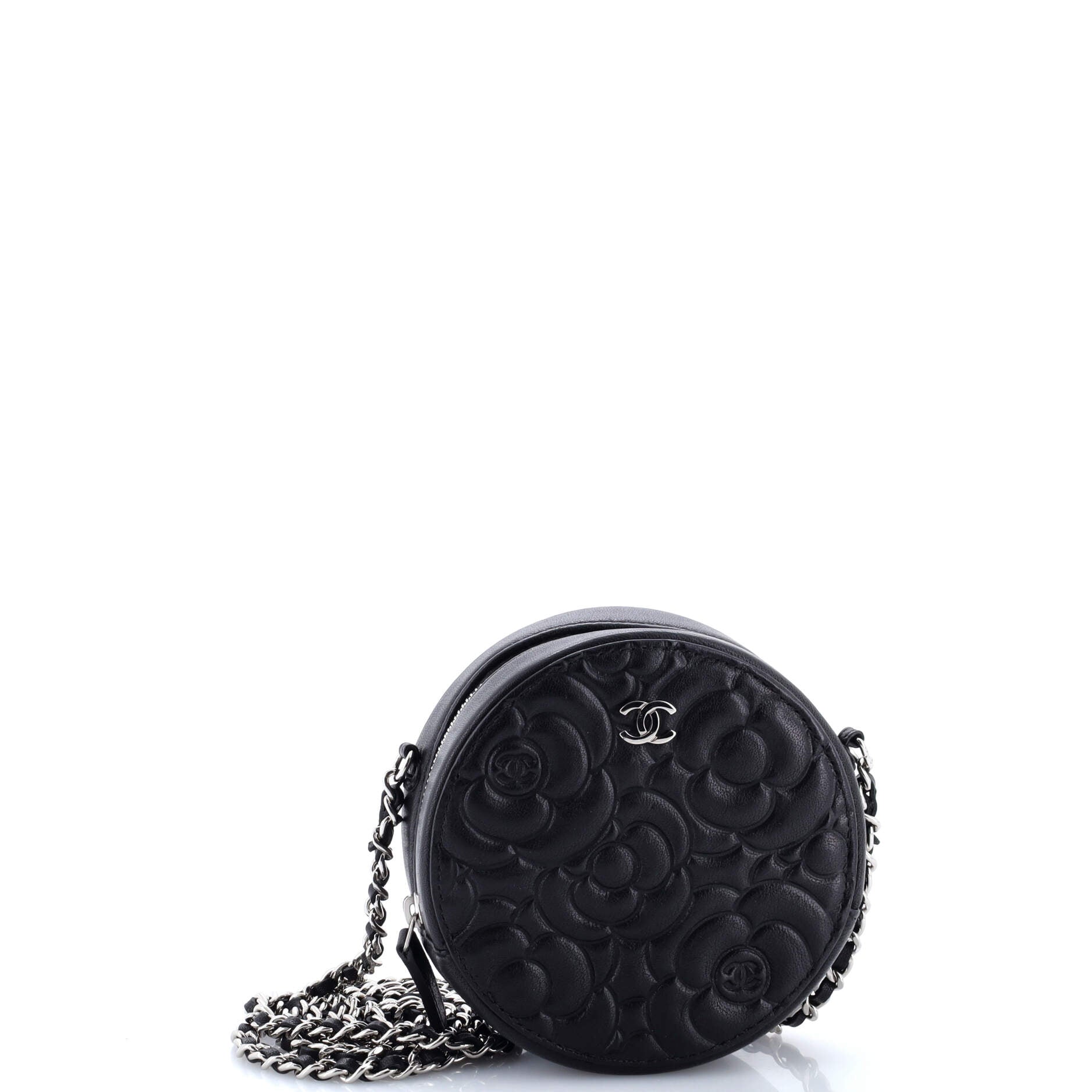Round Clutch with Chain Camellia Goatskin Mini