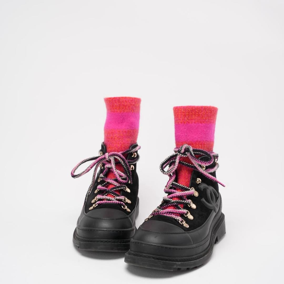 Chanel Pink / Black Chunky Sole Snow Boots 38 ½