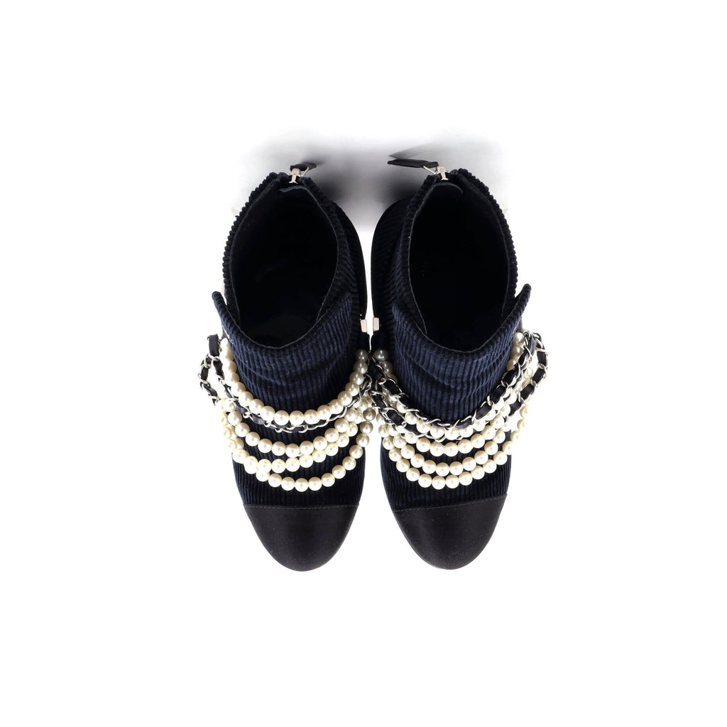 Women's Pearl Chain Strap Ankle Boots Corduroy
