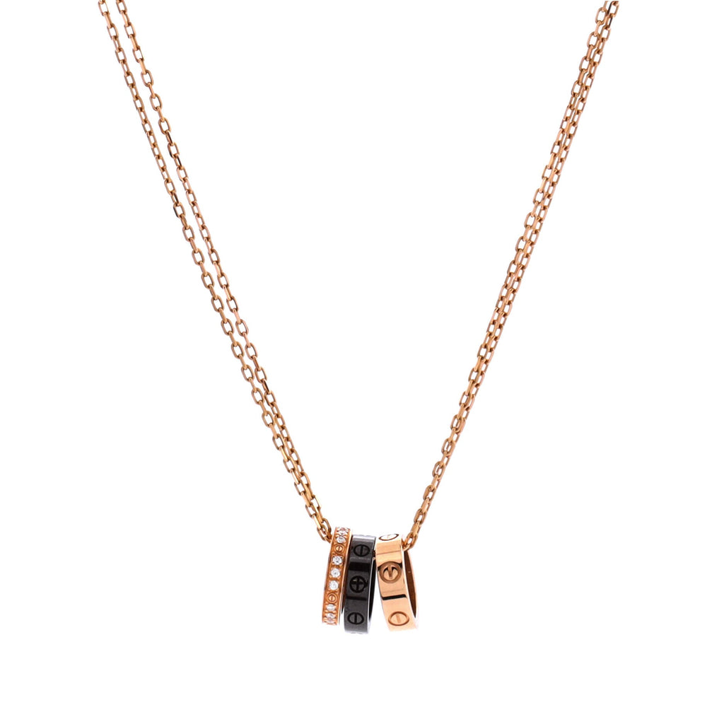 Love 3 Ring Pendant Necklace 18K Rose Gold and Ceramic with Diamonds