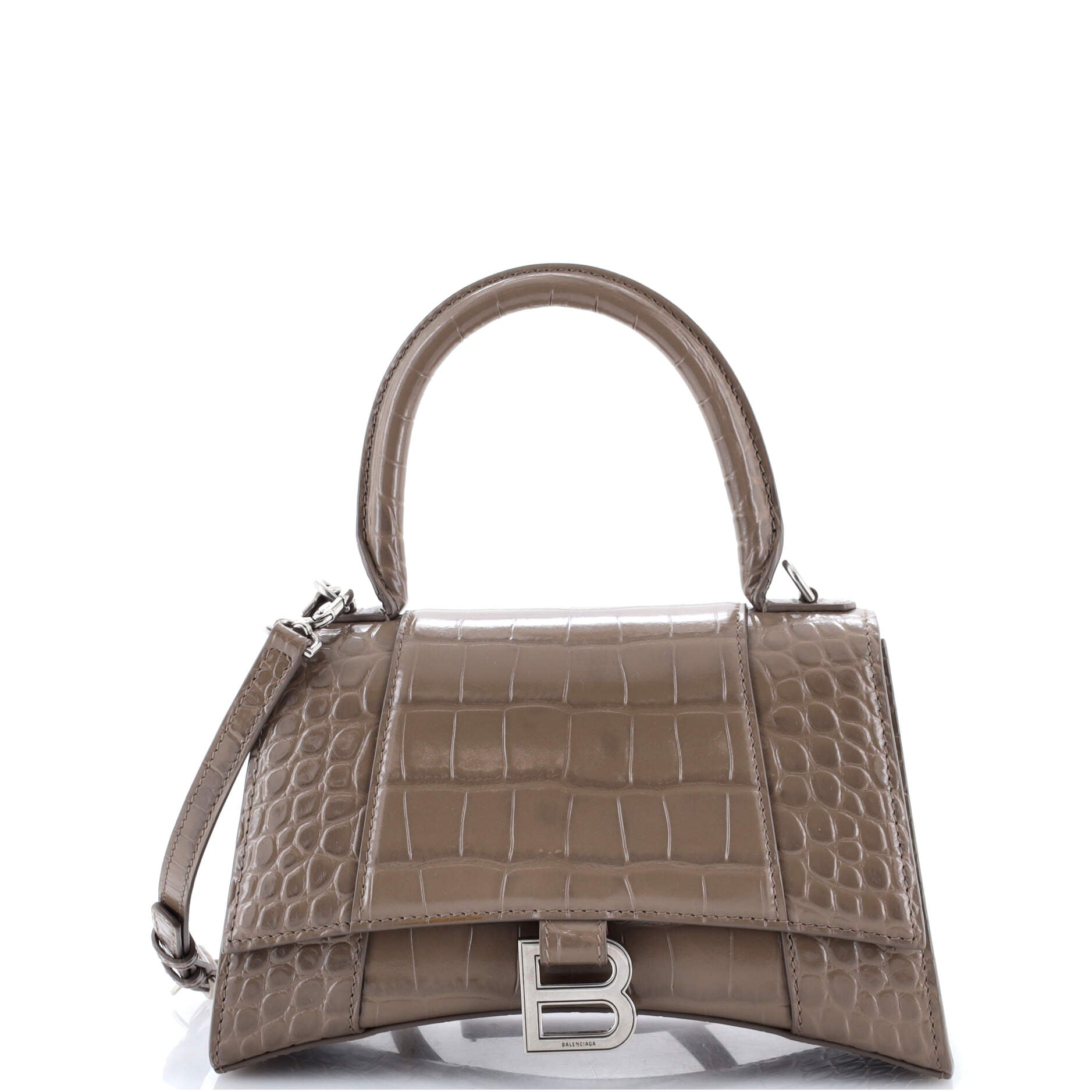Hourglass Top Handle Bag Crocodile Embossed Leather Small