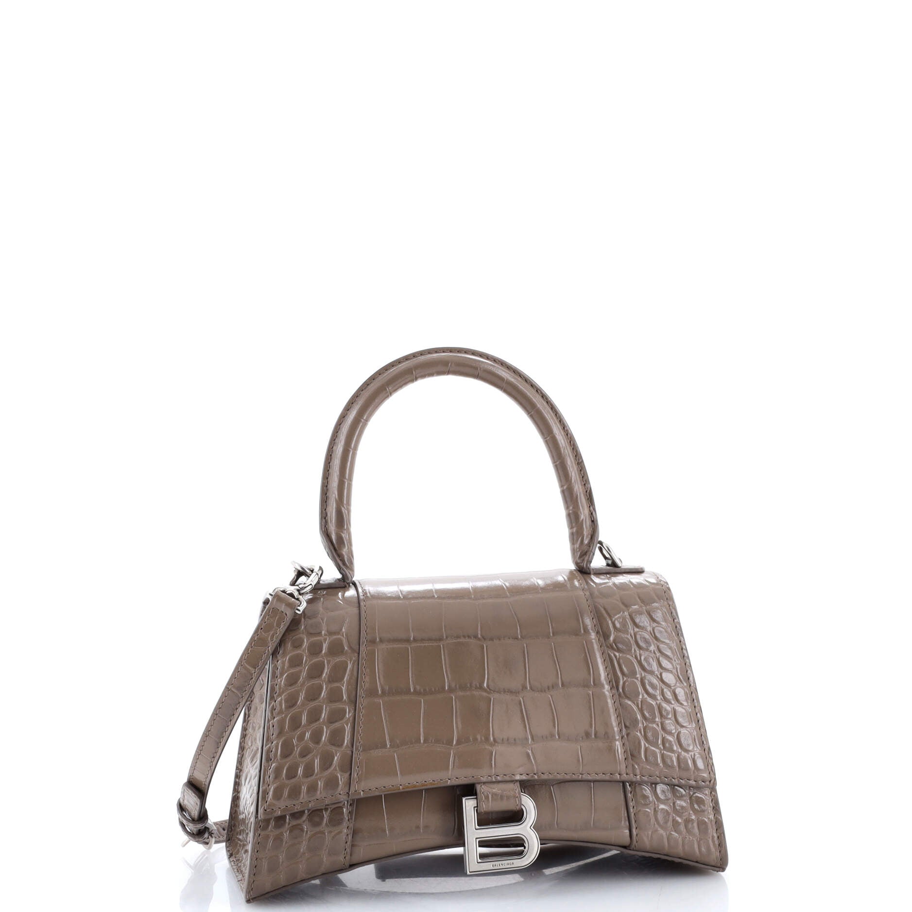 Hourglass Top Handle Bag Crocodile Embossed Leather Small