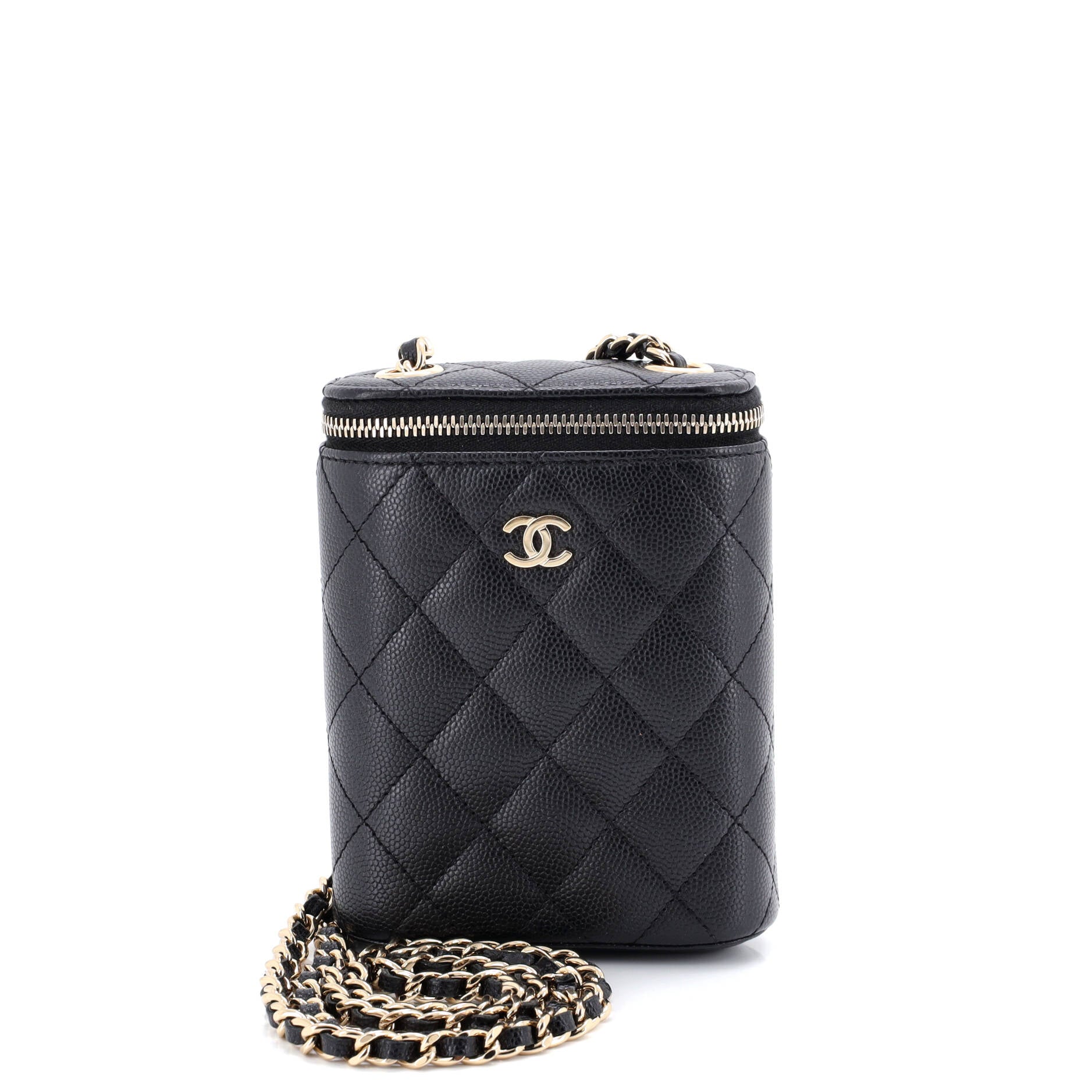 Vertical Classic Vanity Case with Chain Quilted Caviar Small