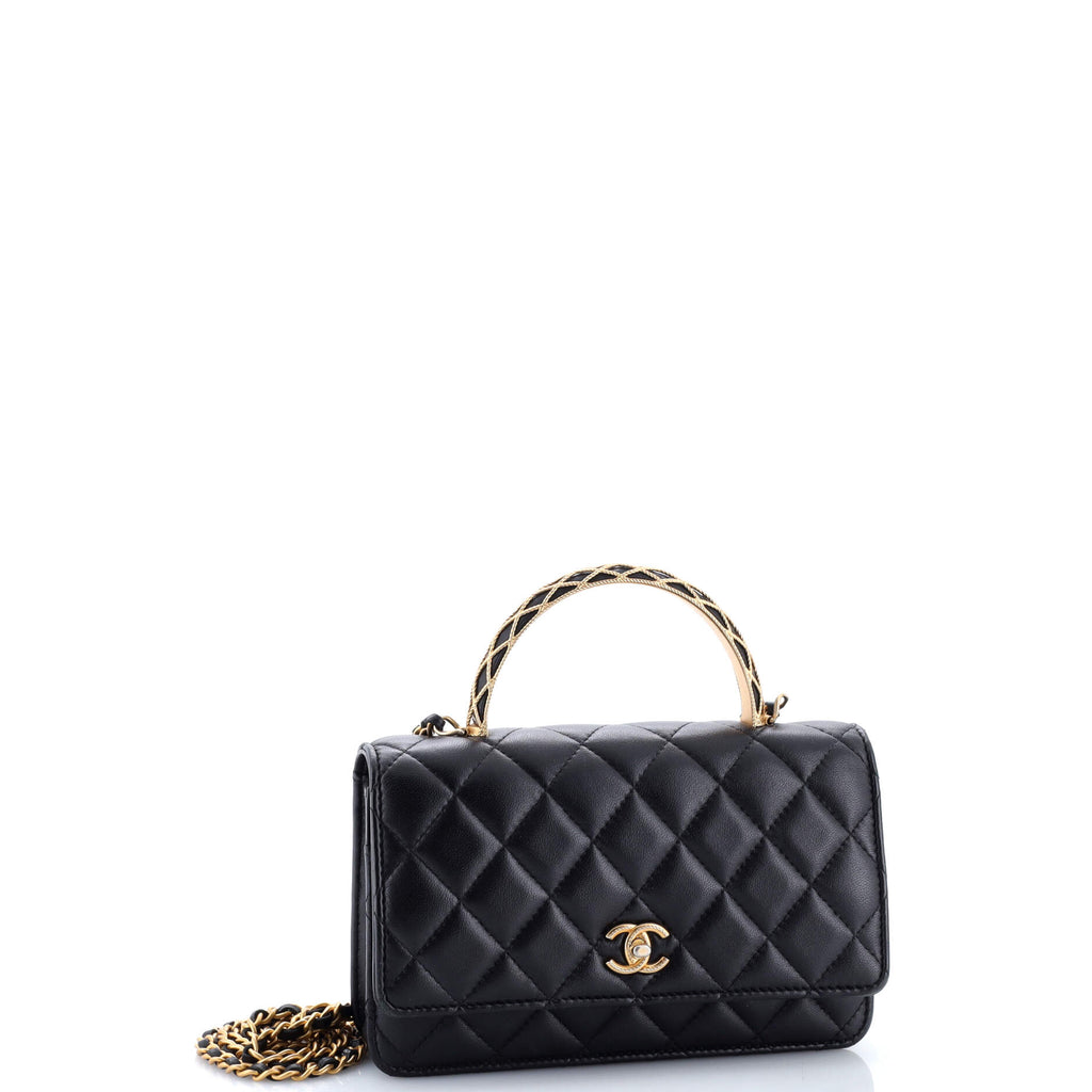 Quilted Metal Top Handle Wallet on Chain Quilted Lambskin