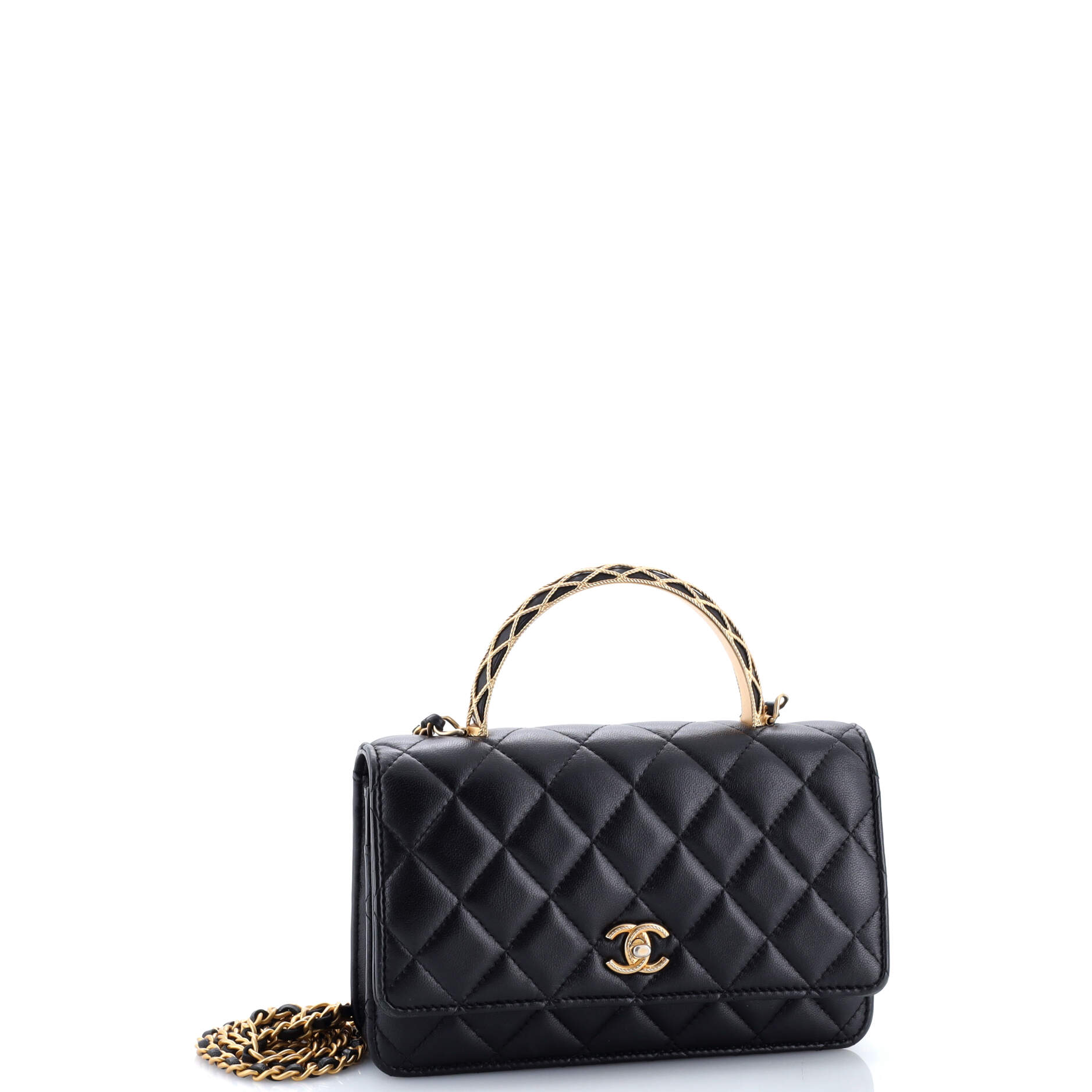 Quilted Metal Top Handle Wallet on Chain Quilted Lambskin