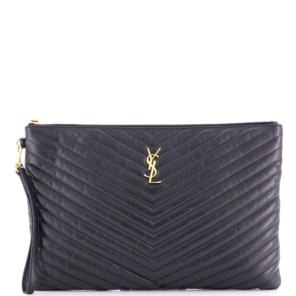 Classic Monogram Wristlet Pouch Matelasse Chevron Leather Large
