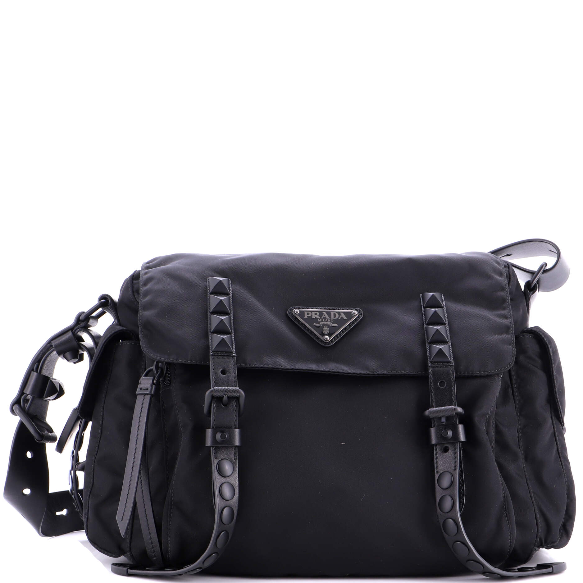 New Vela Flap Messenger Bag Tessuto with Studded Leather Medium