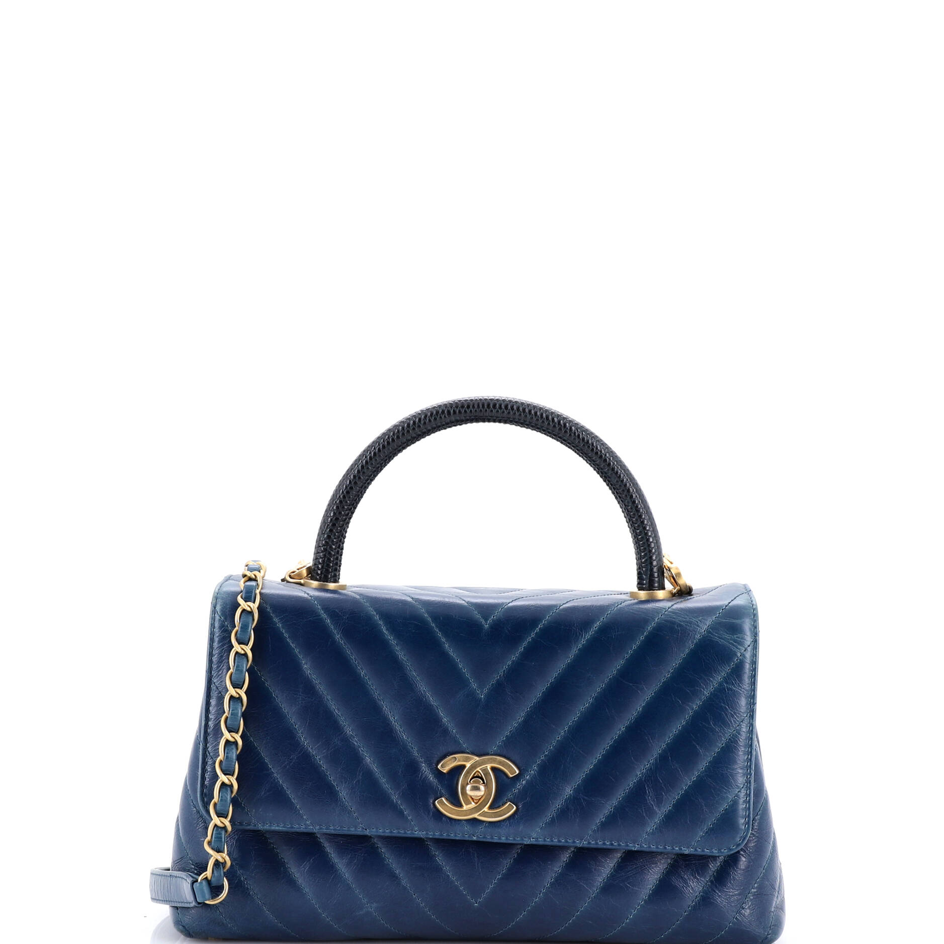 Coco Top Handle Bag Chevron Calfskin with Lizard Small