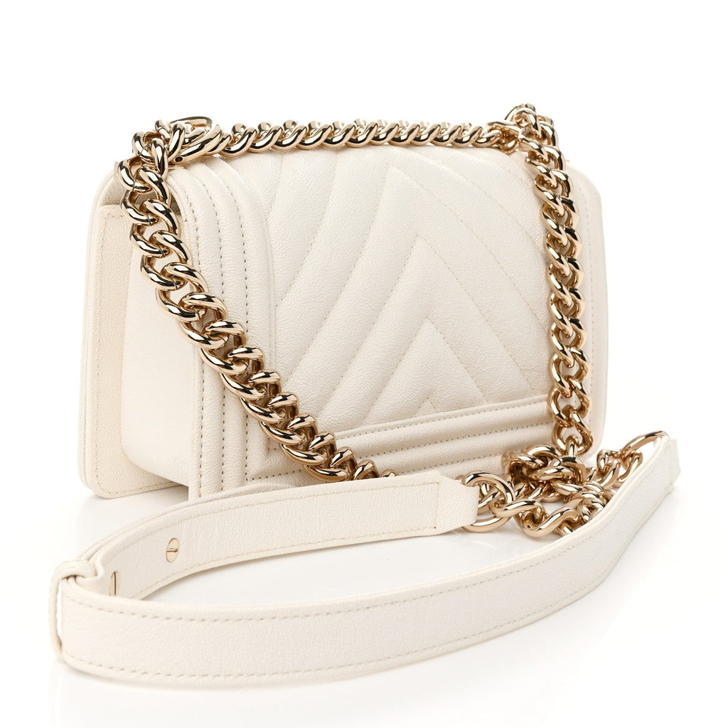 Caviar Chevron Quilted Small Boy Flap White